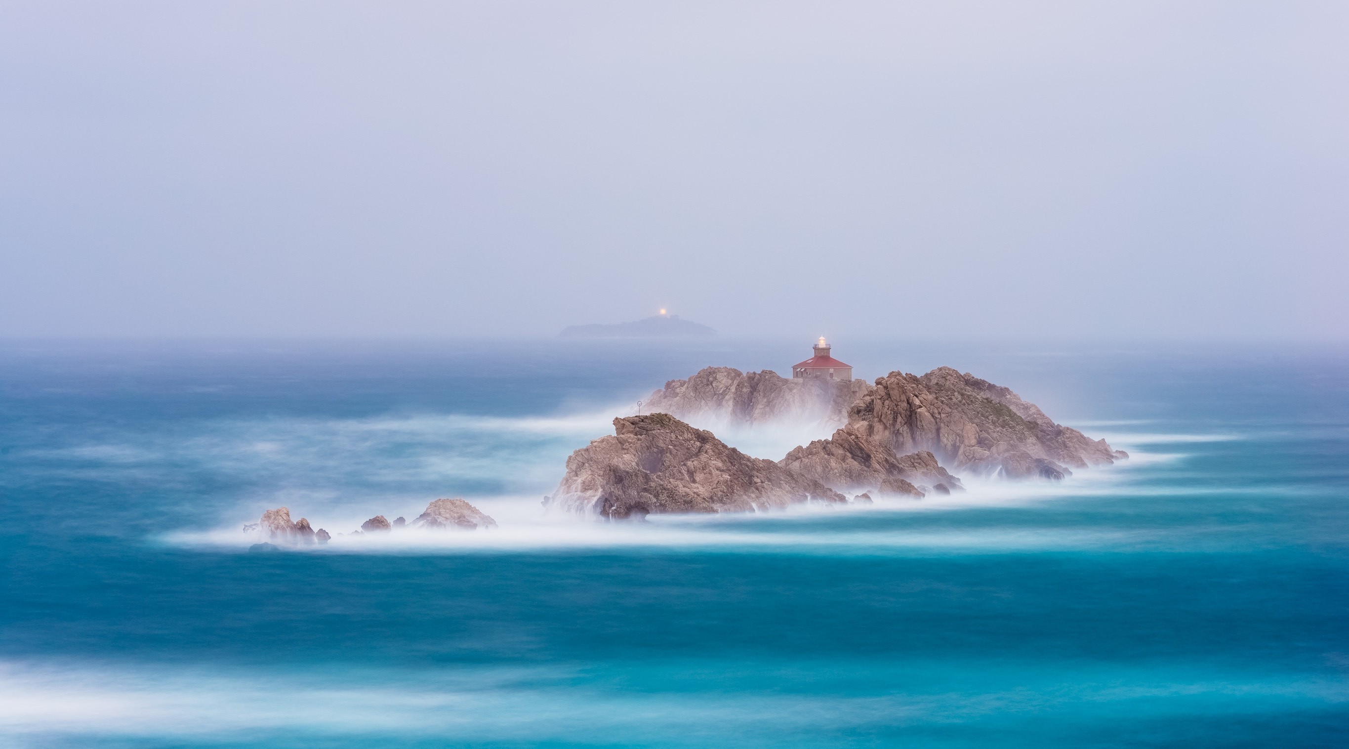 Download mobile wallpaper Sea, Rock, Fog, Earth, Lighthouse, Wave for free.