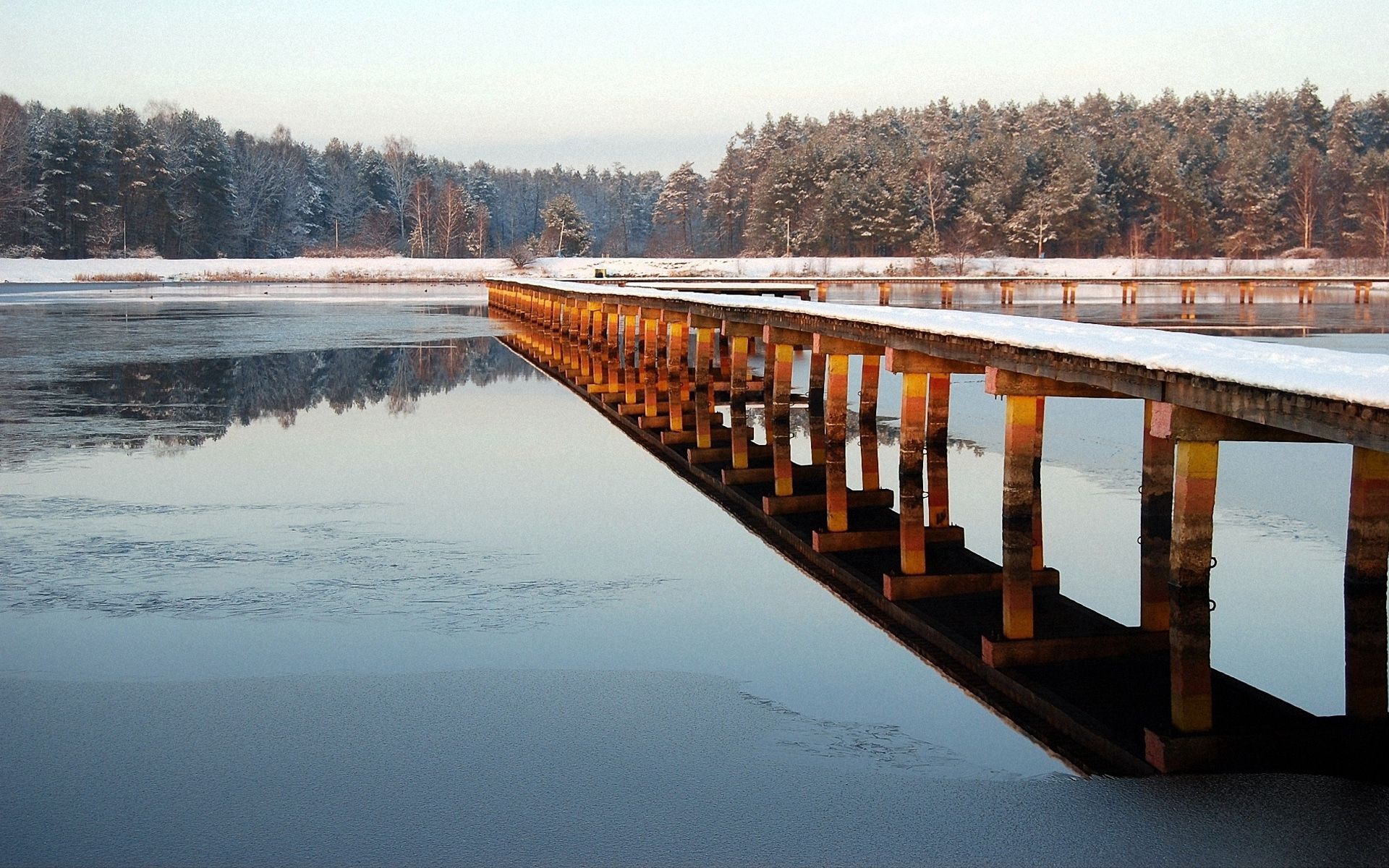 Download mobile wallpaper Pier, Frost, Wood, Bridge, Track, Ice, Nature, Wooden for free.