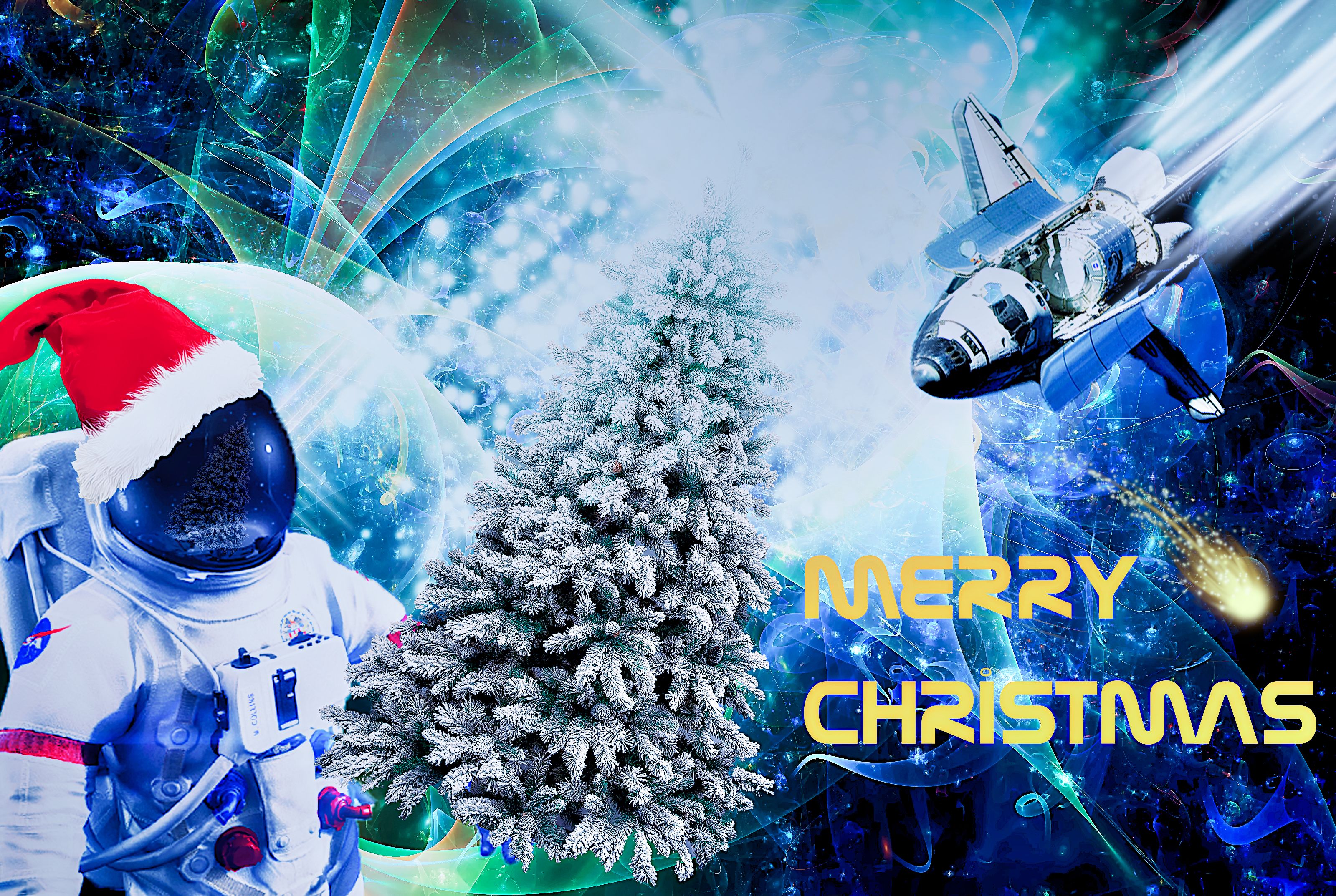 Download mobile wallpaper Christmas, Holiday, Space, Astronaut, Space Shuttle, Santa Hat for free.