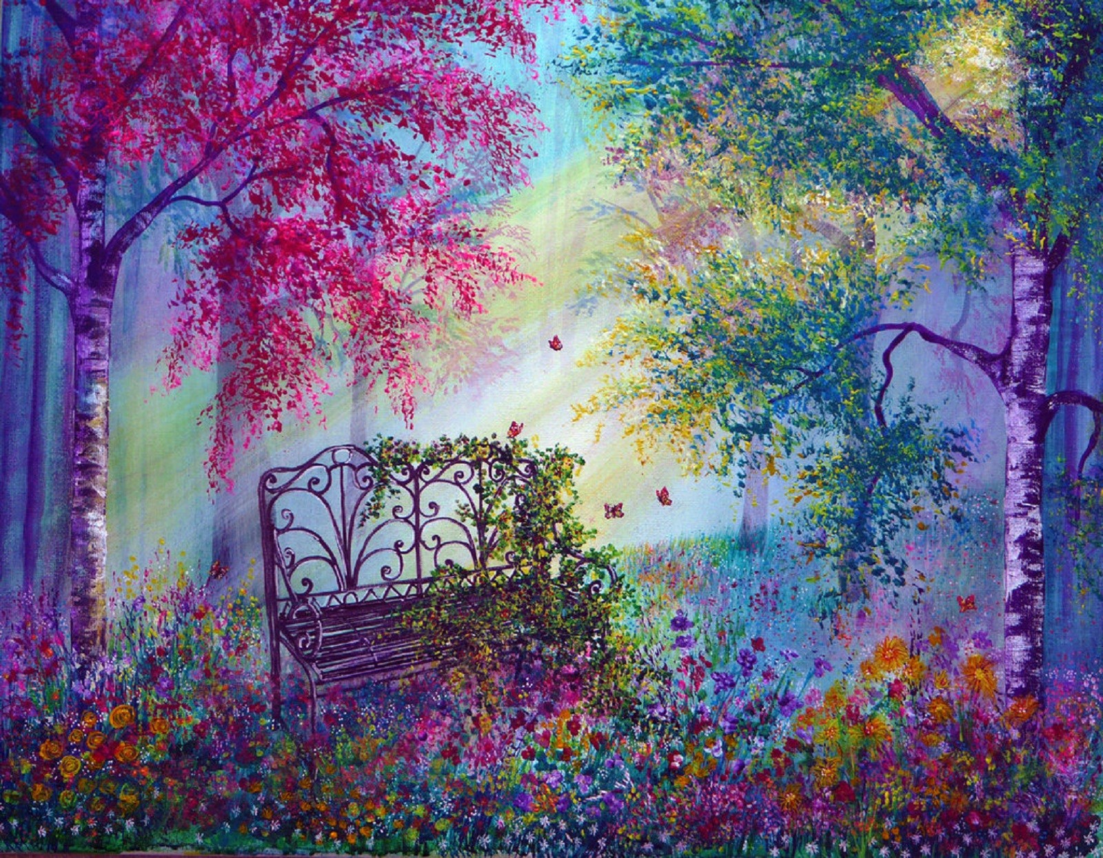 PCデスクトップに木, 花, 森, 色, カラフル, ベンチ, 春, 芸術的画像を無料でダウンロード