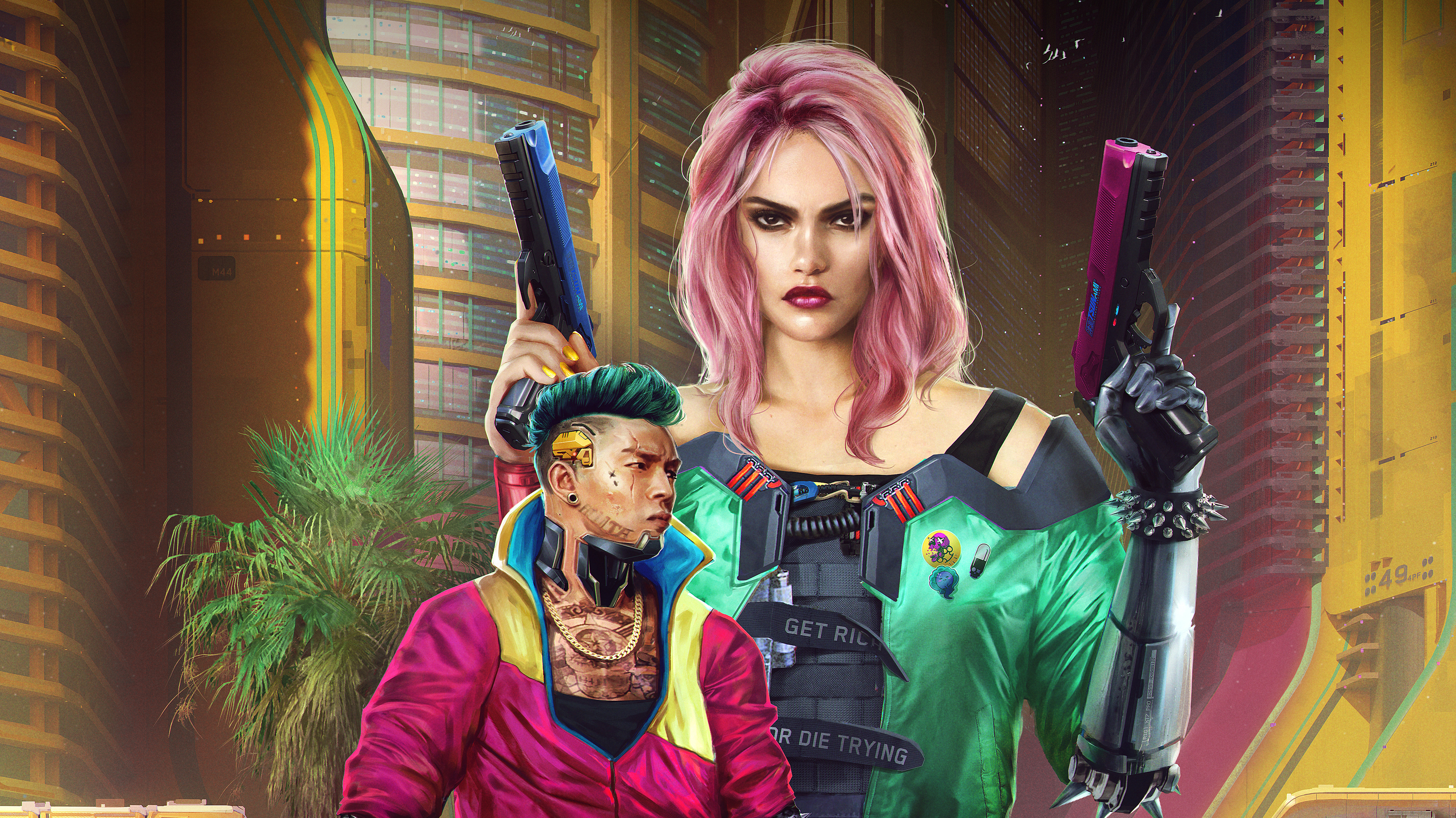 Laden Sie das Waffe, Cyberpunk, Pinkes Haar, Computerspiele, Cyberpunk 2077-Bild kostenlos auf Ihren PC-Desktop herunter