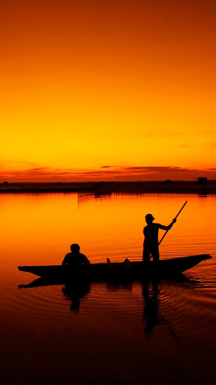 Download mobile wallpaper People, Sunset, Boat, Lagoon, Fisherman, Photography, Vietnam, Orange (Color) for free.