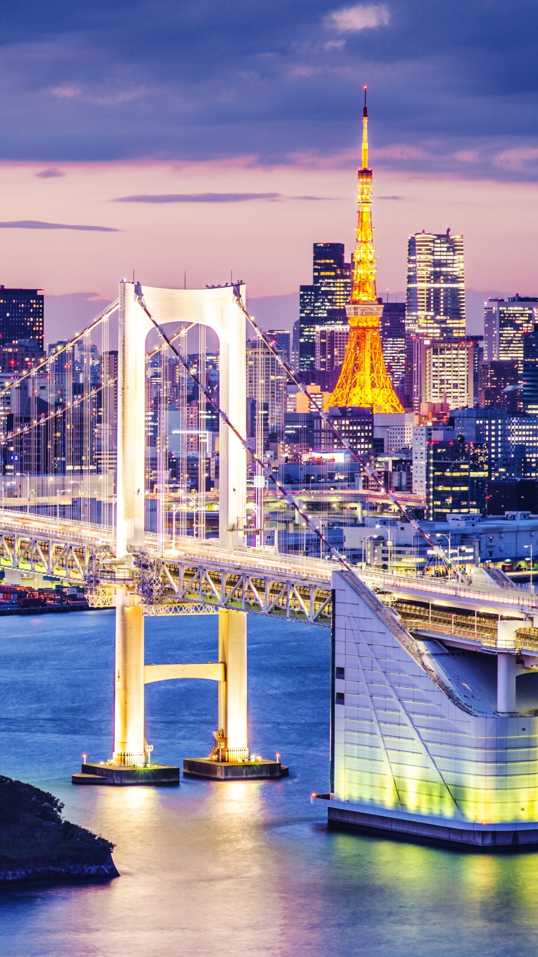 Handy-Wallpaper Stadt, Wolkenkratzer, Gebäude, Brücke, Japan, Tokio, Nacht, Brücken, Regenbogenbrücke, Menschengemacht, Großstadt kostenlos herunterladen.