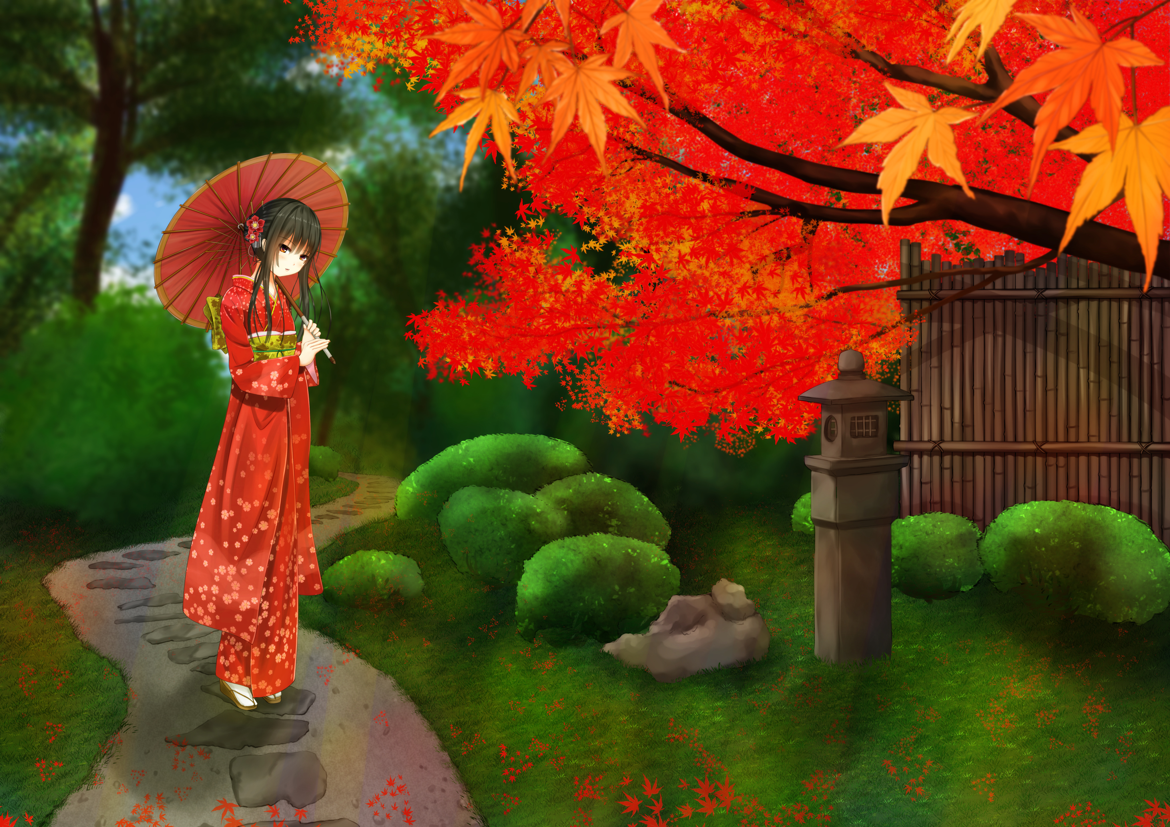anime, geisha, black hair, brown eyes, fall, japanese clothes, leaf, tree, umbrella