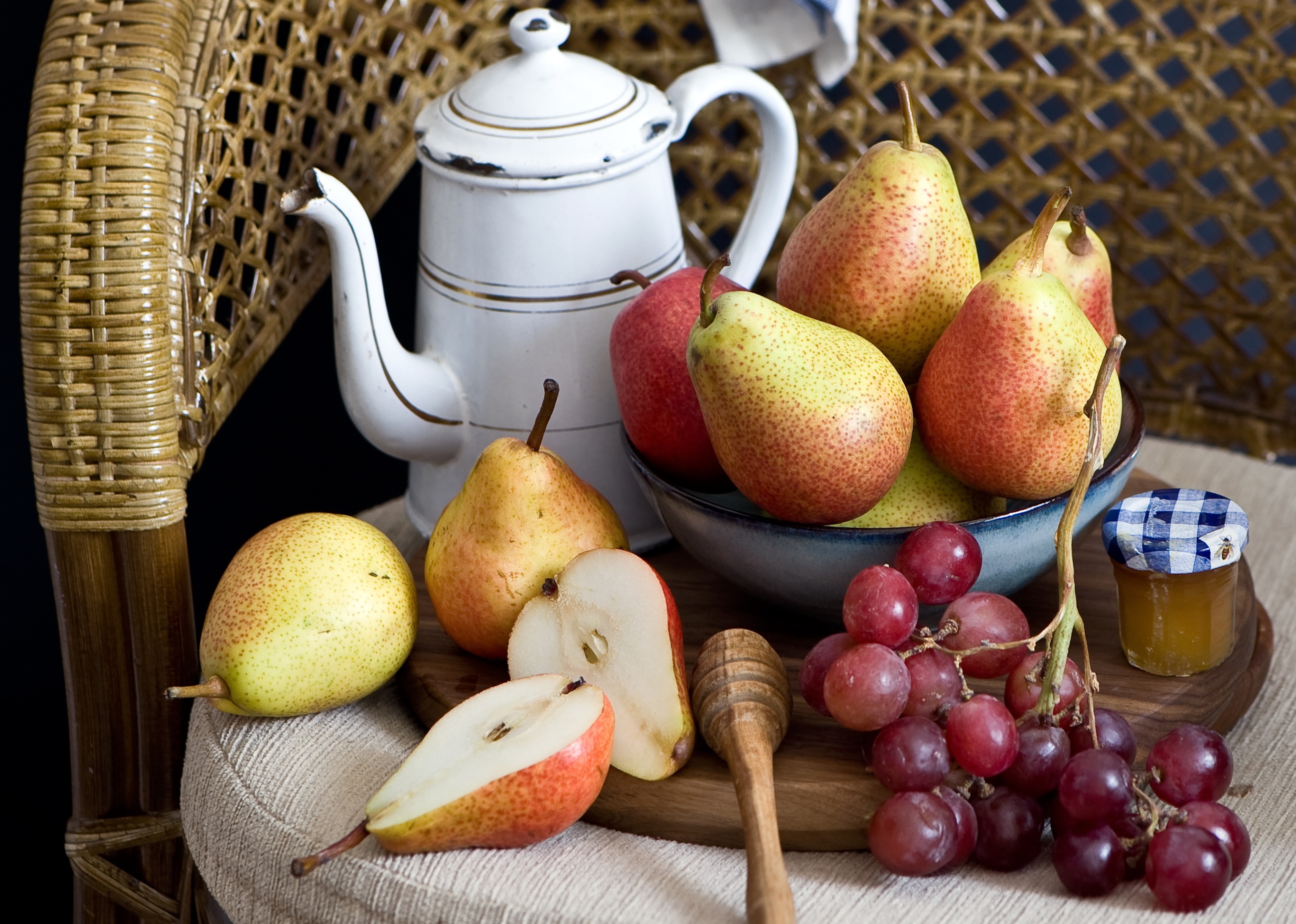 Download mobile wallpaper Fruits, Food, Grapes, Still Life, Fruit, Teapot, Pear for free.