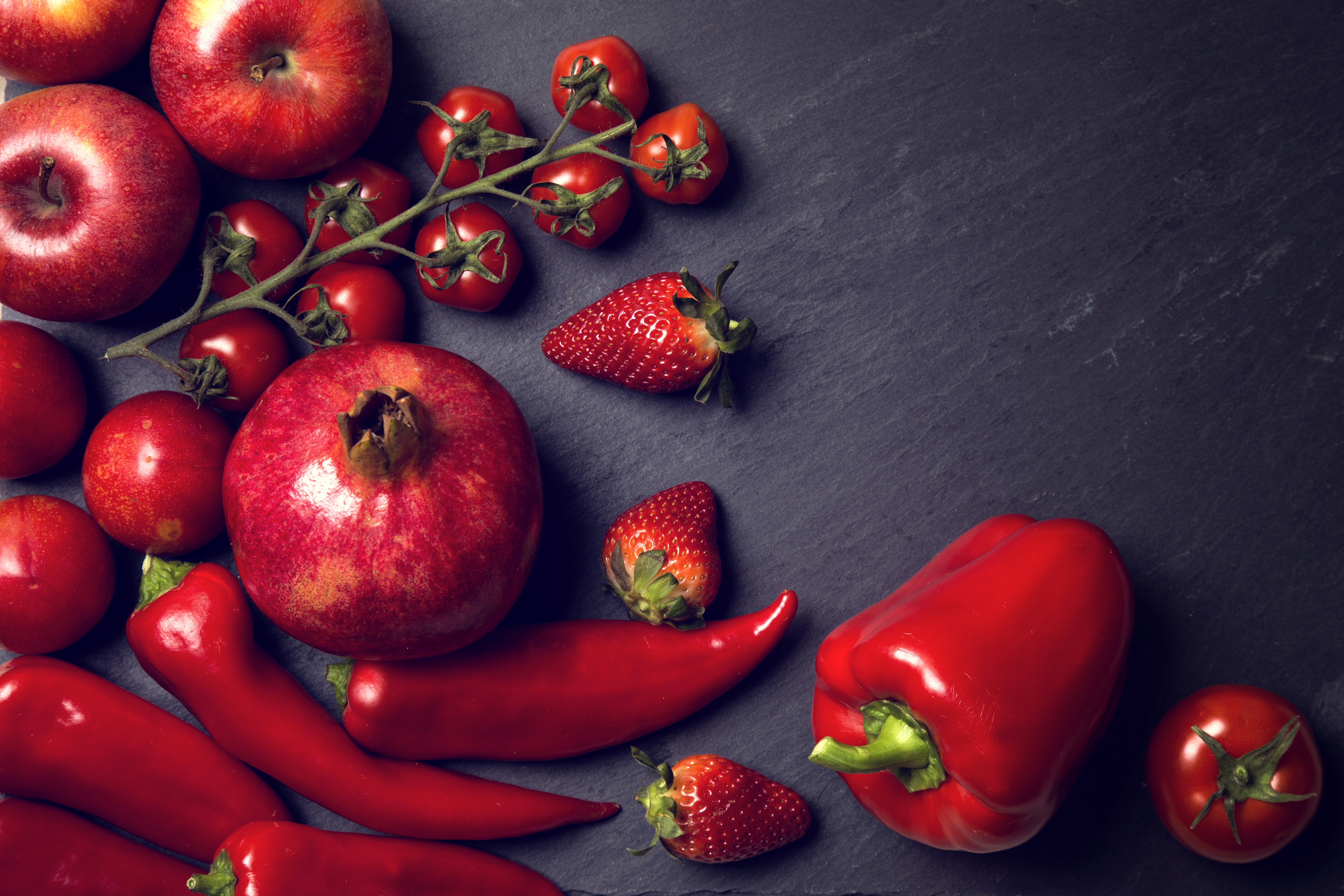 Download mobile wallpaper Food, Strawberry, Pepper, Still Life, Fruit, Pomegranate, Tomato for free.