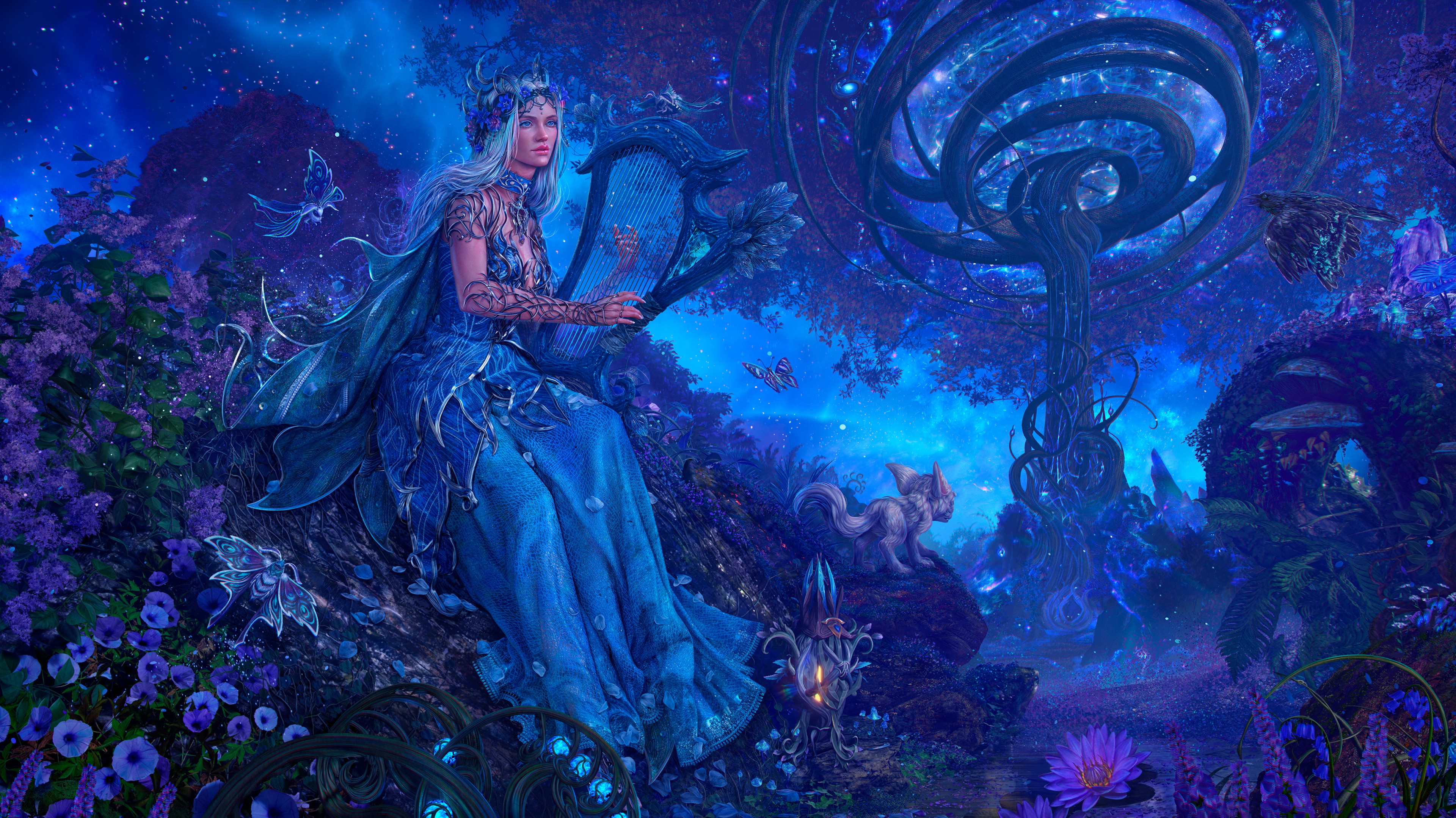 fantasy, women, blue dress, harp