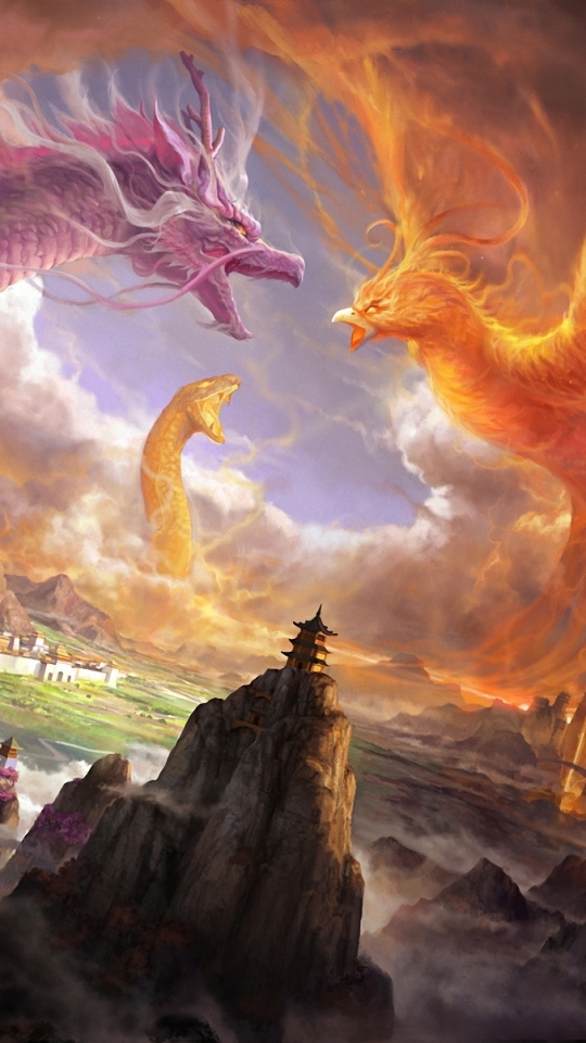 Download mobile wallpaper Fantasy, Bird, Dragon, Snake, Battle, Phoenix, Castle for free.