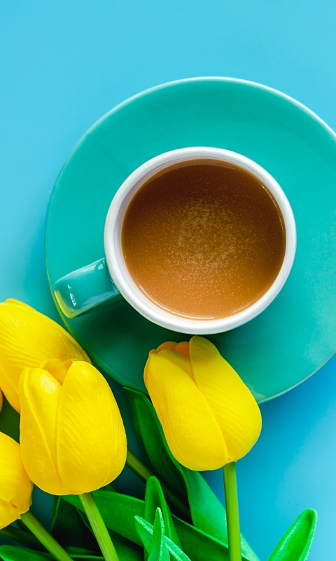 Download mobile wallpaper Food, Coffee, Flower, Cup, Tulip, Yellow Flower for free.