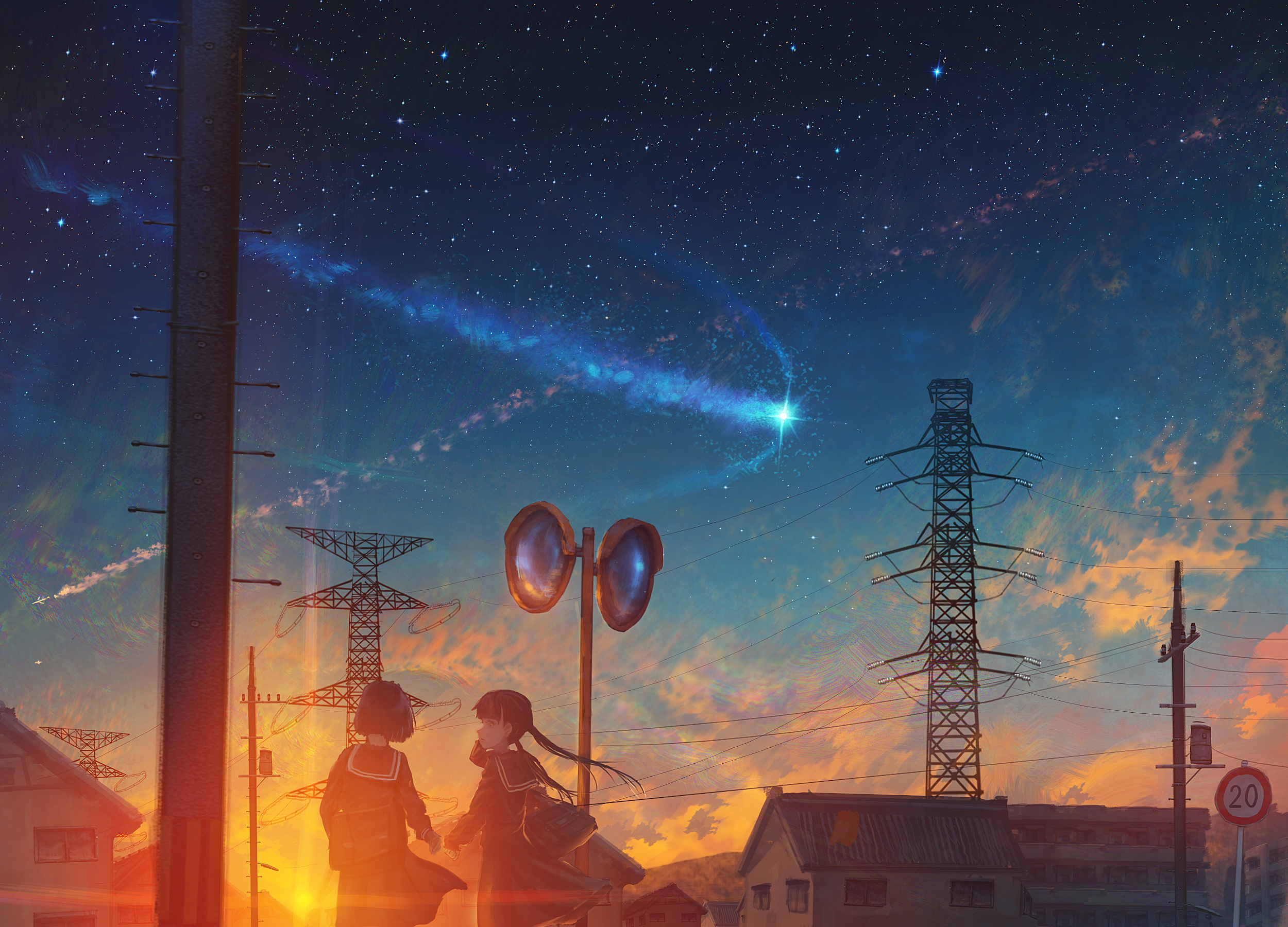 Download mobile wallpaper Anime, Sunset, Starry Sky, Original, Shooting Star for free.