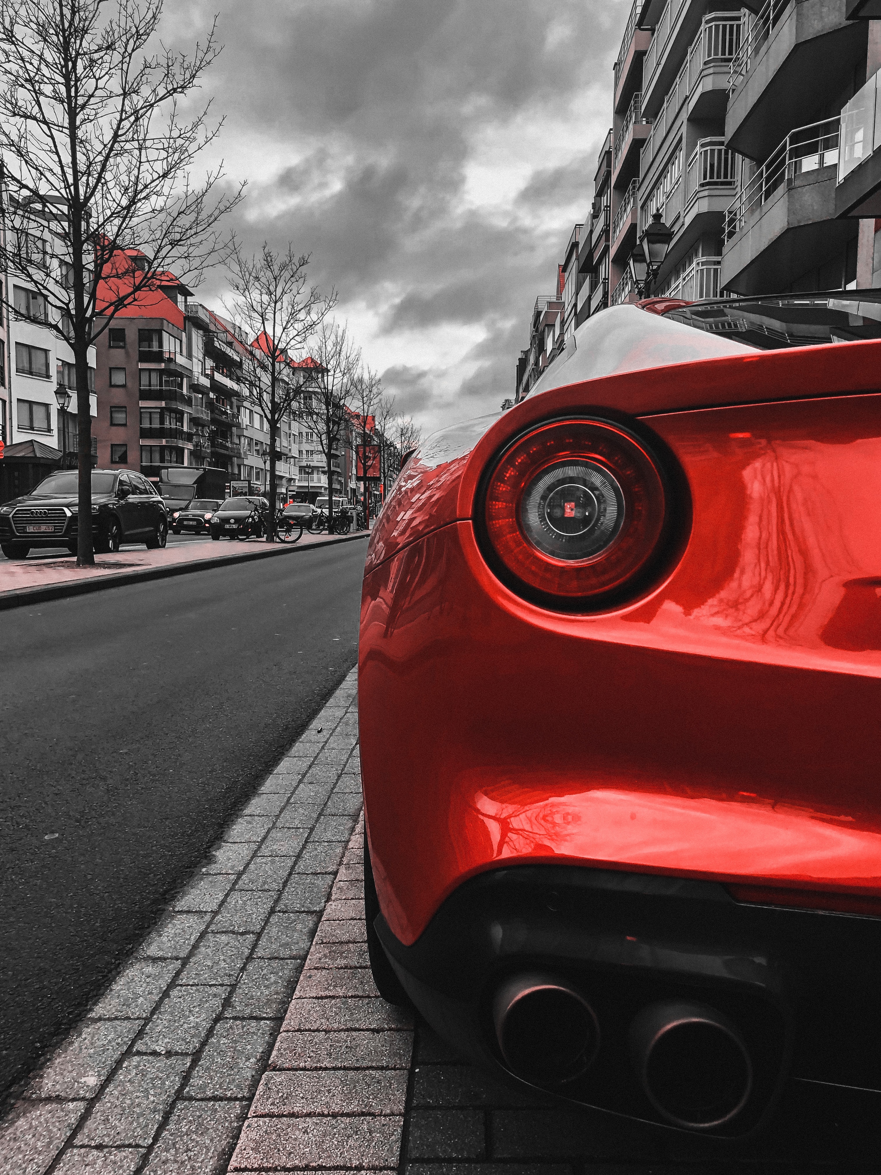 back view, street, sports car, cars, rear view, sports, red, car, machine phone background