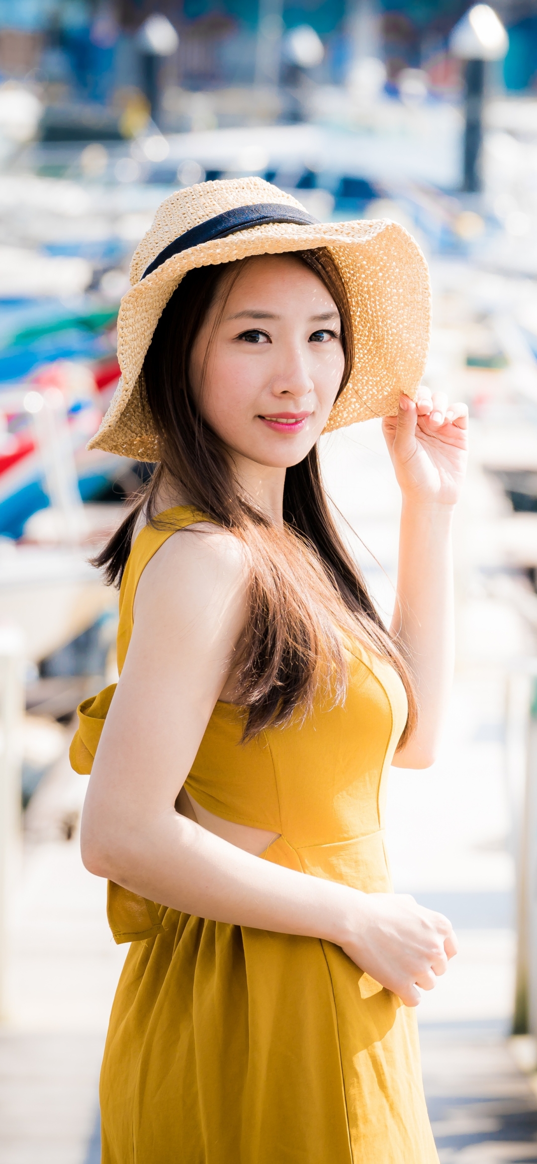 Download mobile wallpaper Smile, Hat, Brunette, Model, Women, Yellow Eyes, Asian, Long Hair for free.