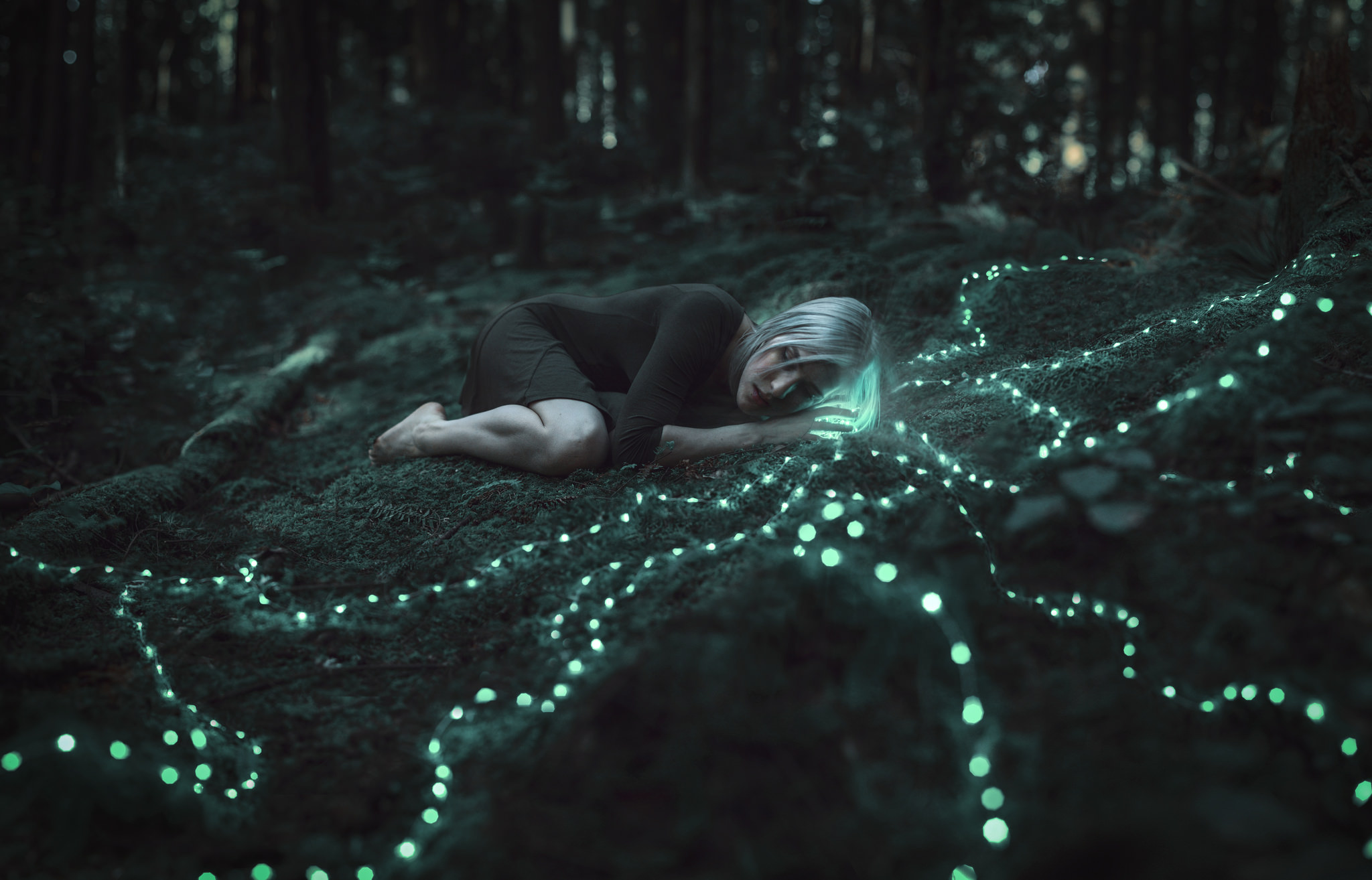 Free download wallpaper Forest, Mood, Bokeh, Photography, Model, Manipulation, White Hair on your PC desktop