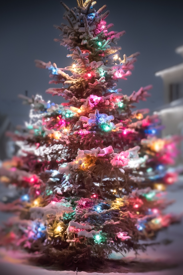 Handy-Wallpaper Feiertage, Weihnachten, Weihnachtsbaum, Verwischen, Weihnachtsbeleuchtung kostenlos herunterladen.