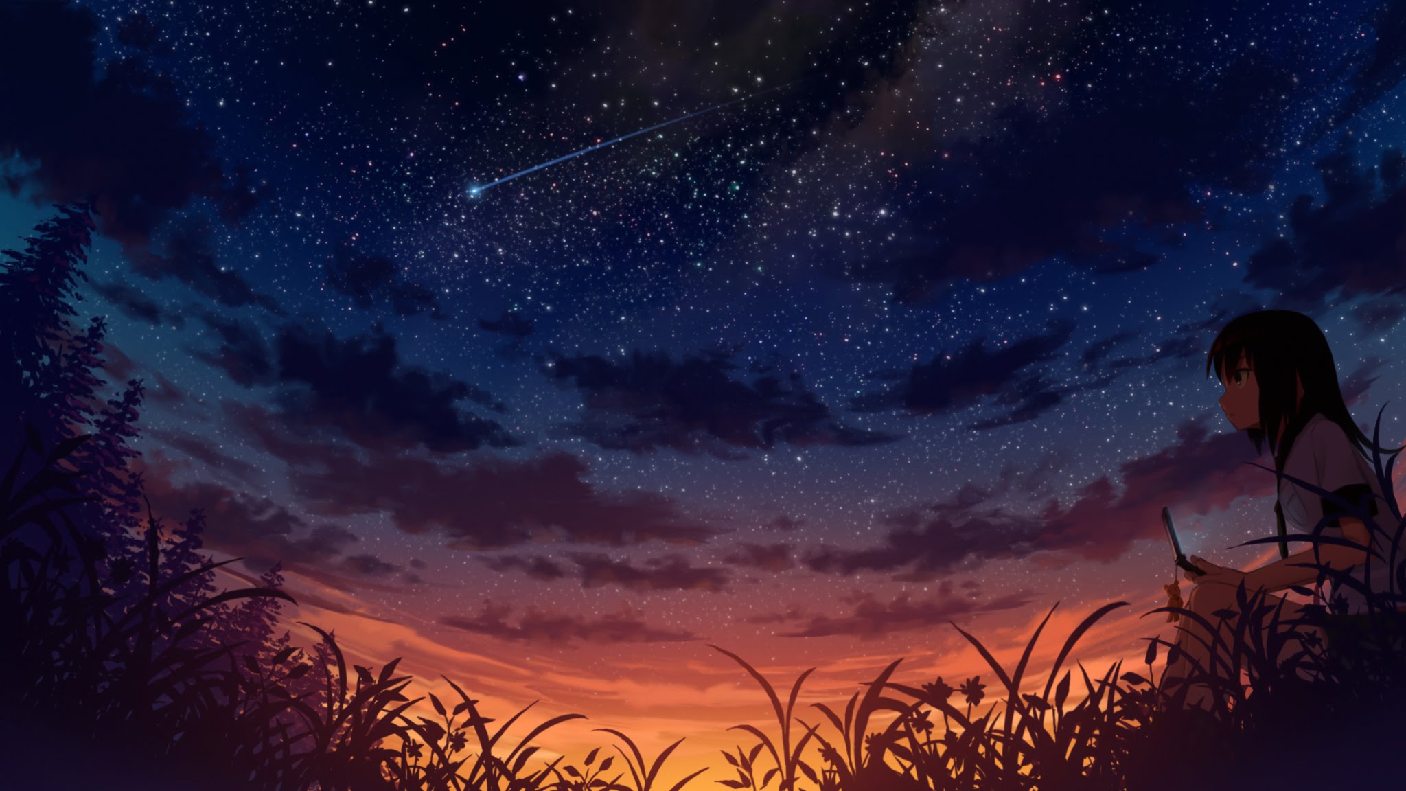 girl, anime, evening, stars, sunset
