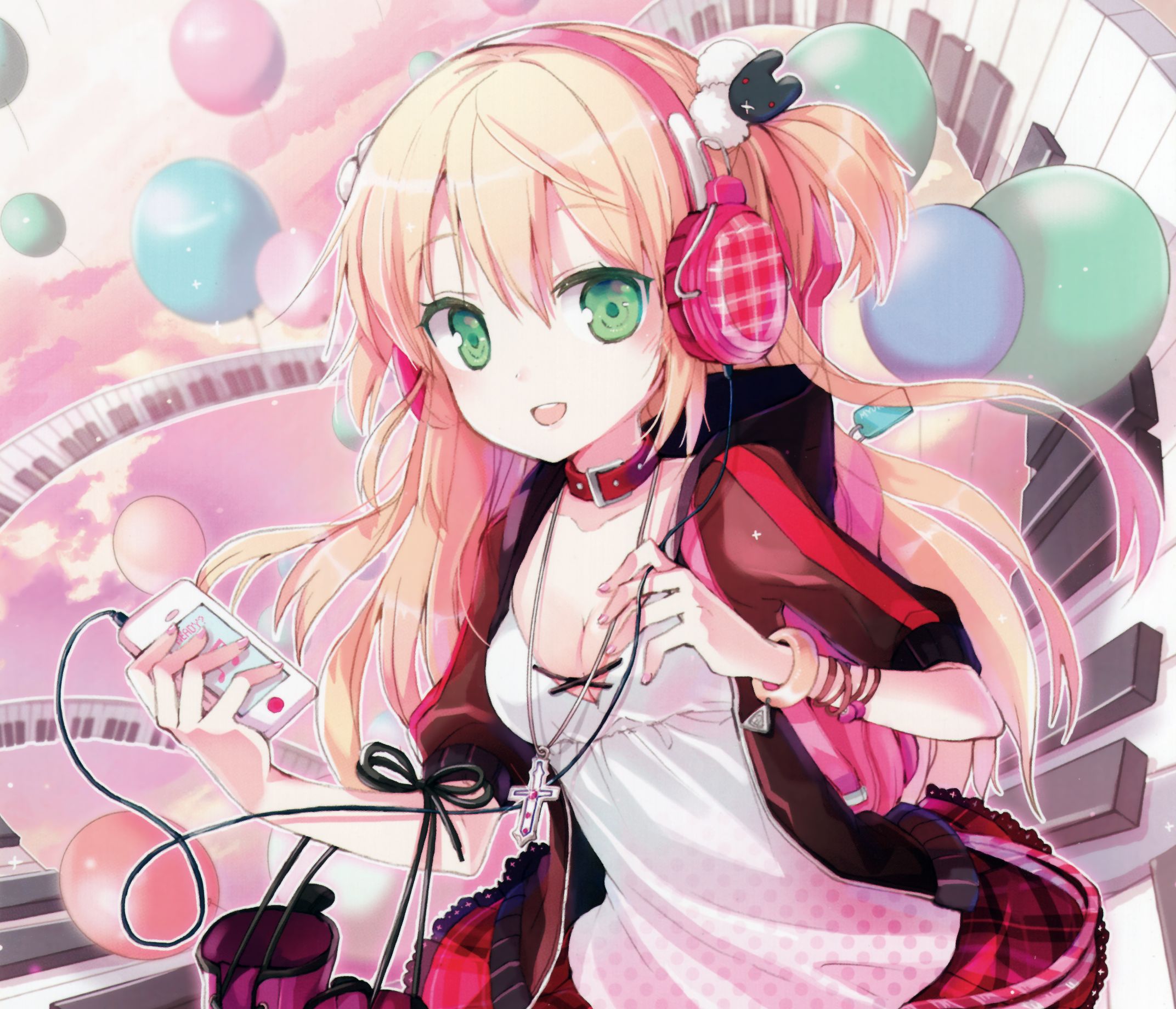 Download mobile wallpaper Anime, Headphones, Balloon, Smile, Bag, Blonde, Cross, Green Eyes, Necklace, Long Hair, Twintails for free.