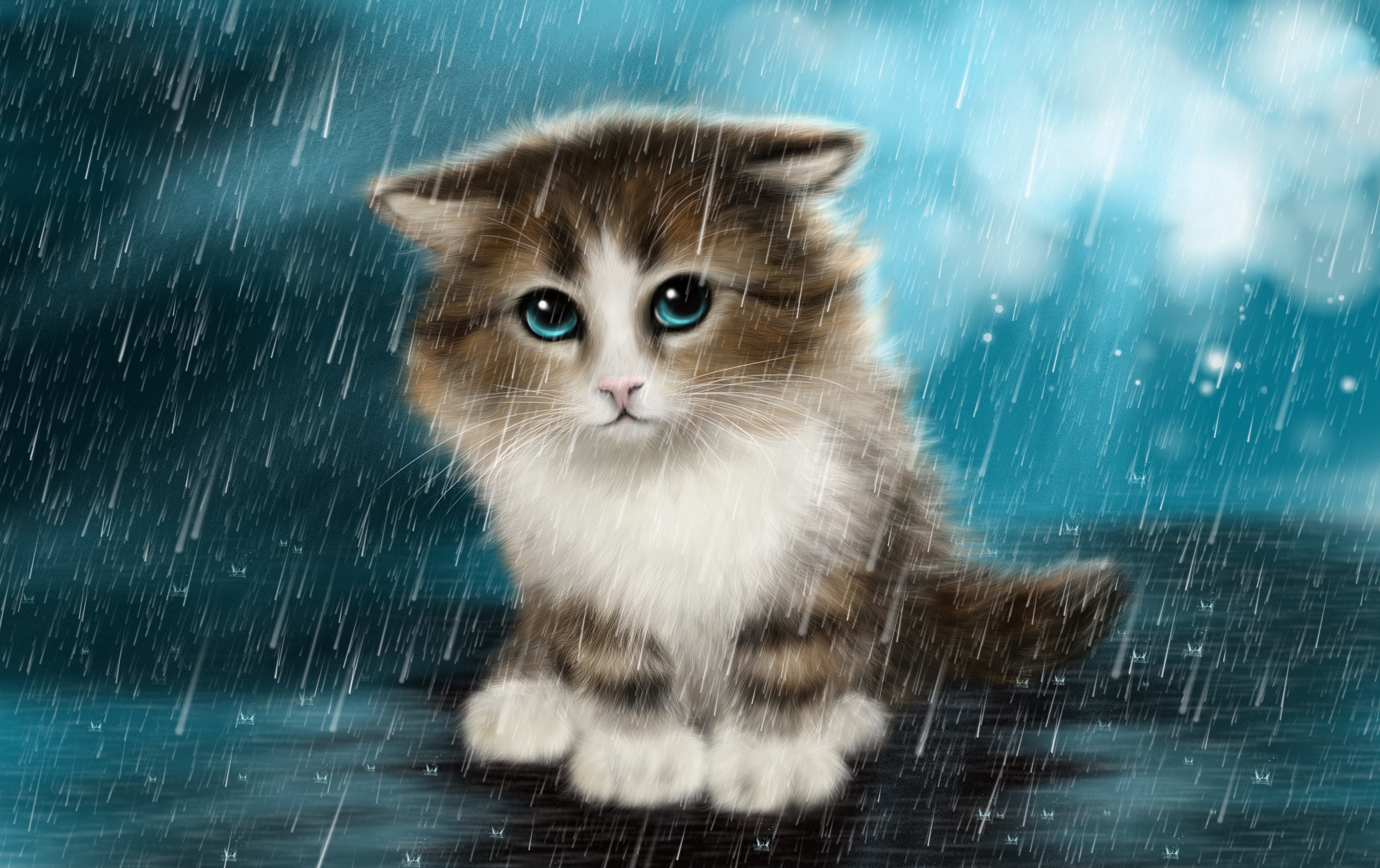 Laden Sie das Tiere, Katzen, Regen, Katze, Kätzchen, Malerei, Blaue Augen-Bild kostenlos auf Ihren PC-Desktop herunter