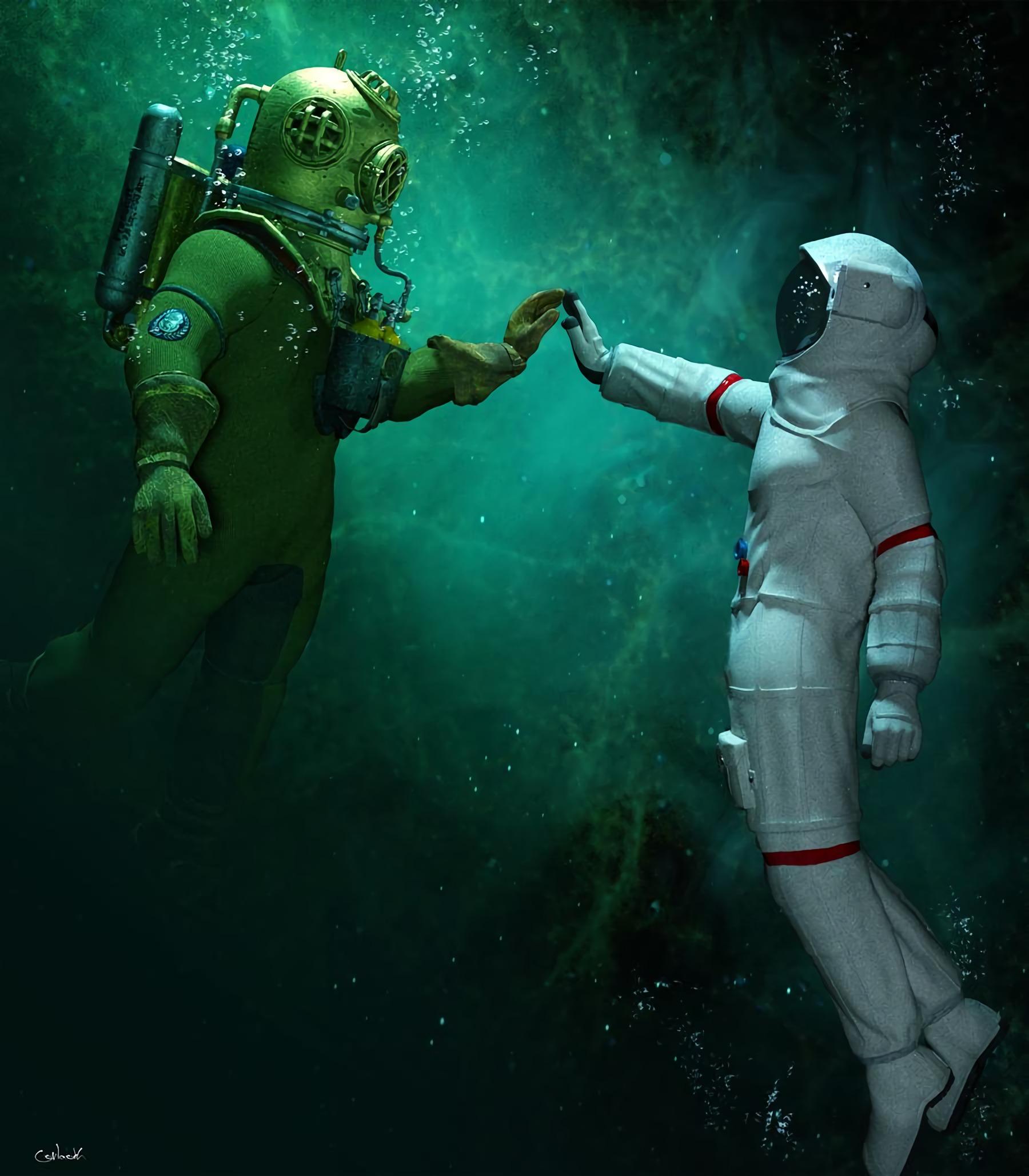 65562 скачать обои под водой, арт, космонавт, аквалангист - заставки и картинки бесплатно