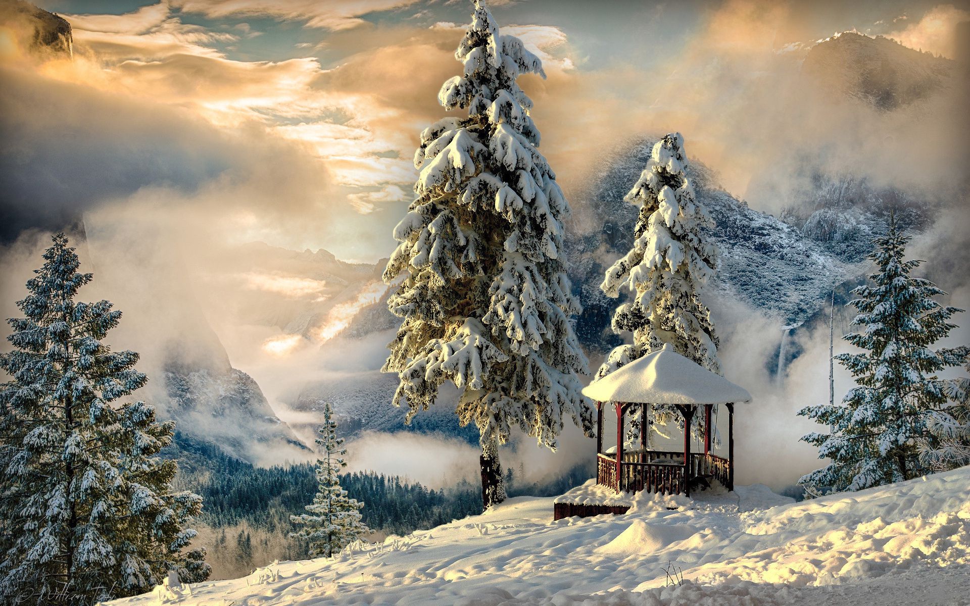 58322 Hintergrundbild herunterladen natur, winter, mountains, schnee, nebel, alkoven, bower - Bildschirmschoner und Bilder kostenlos