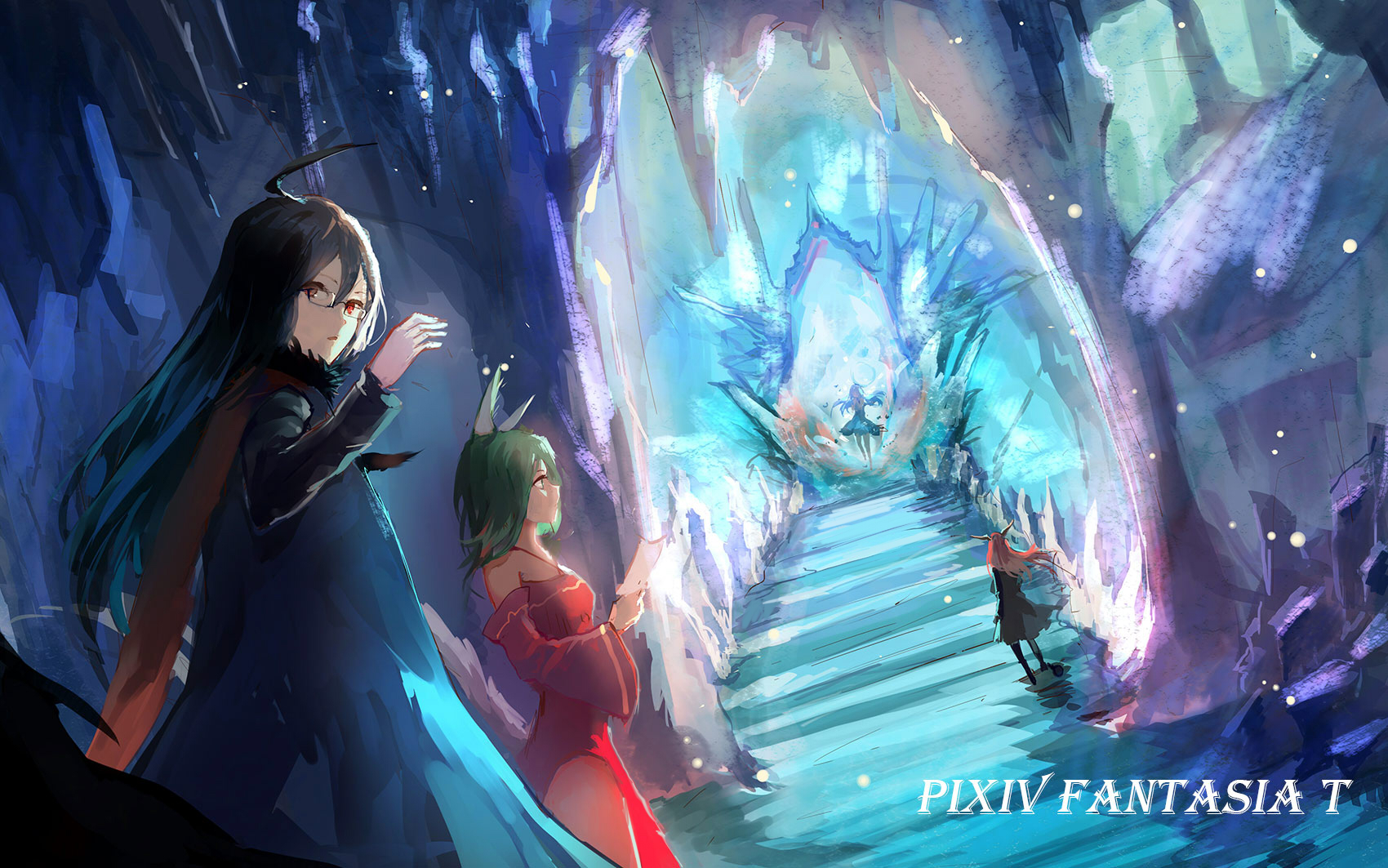 Download mobile wallpaper Anime, Fantasy, Cave, Green Hair, Red Eyes, Pixiv Fantasia T for free.