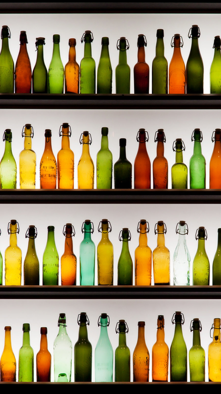glass, man made, bottle, colors, orange (color), green, shelf, brown