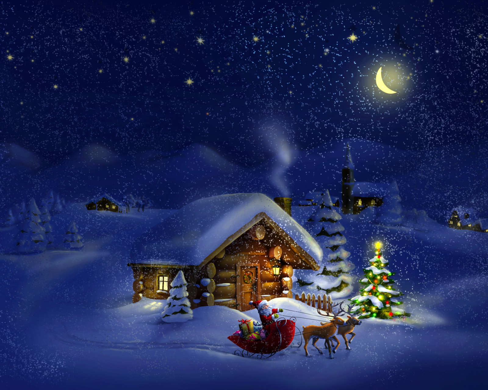 Download mobile wallpaper Night, Snow, Christmas, Holiday, Christmas Tree, Sleigh, Santa, Snowfall, Cabin, Reindeer for free.
