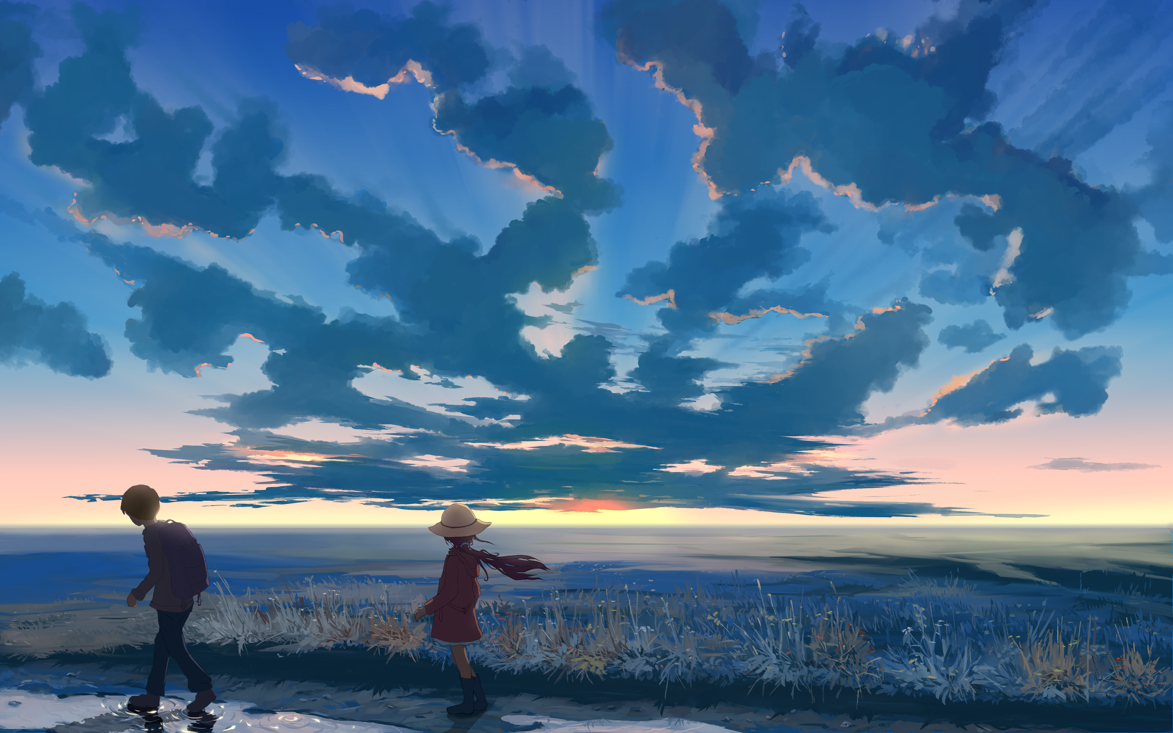 740819 baixar papel de parede anime, original, criança, nuvem, chapéu, horizonte, natureza, céu, pôr do sol - protetores de tela e imagens gratuitamente