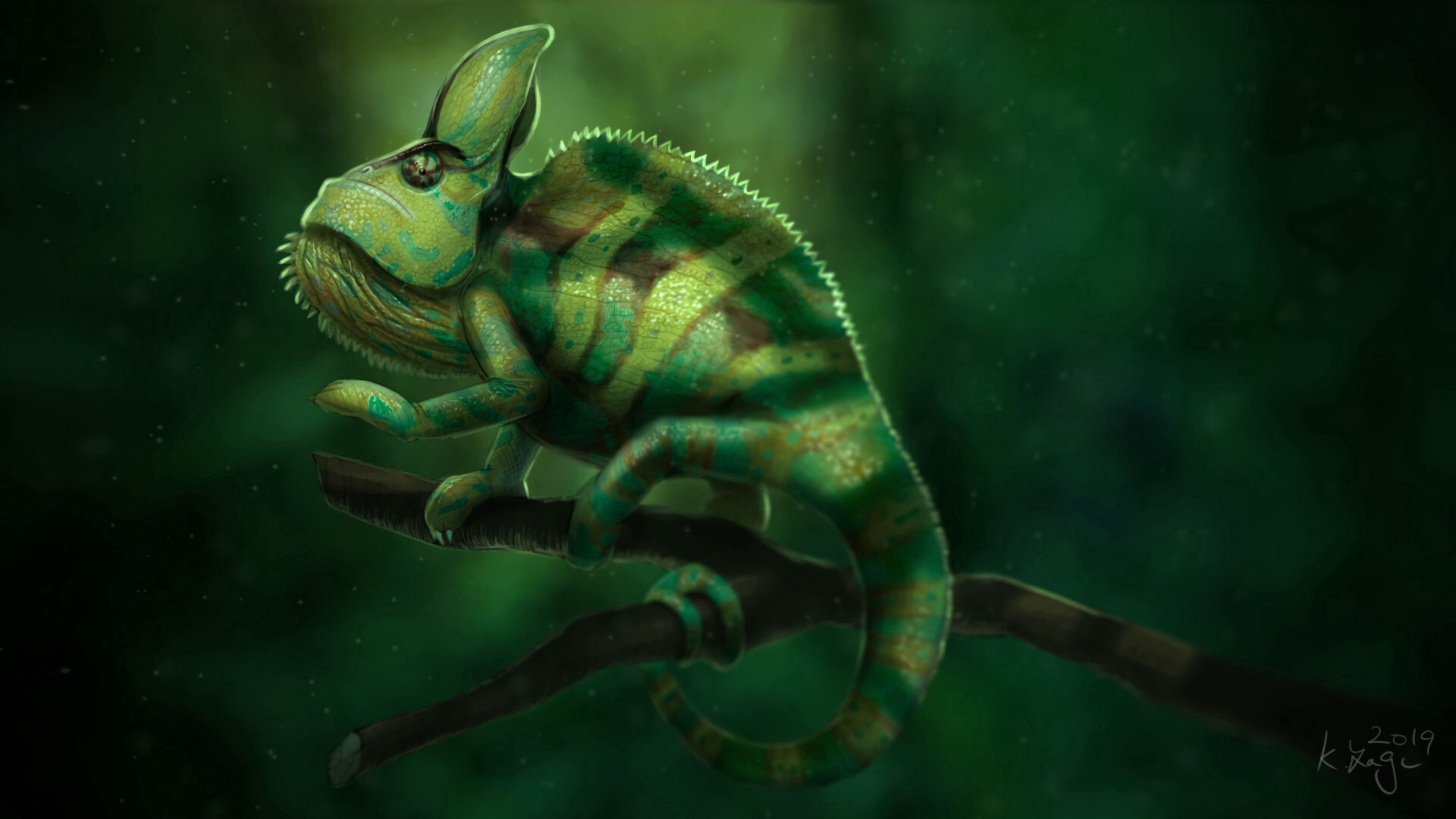 Free download wallpaper Lizard, Chameleon, Branch, Art on your PC desktop