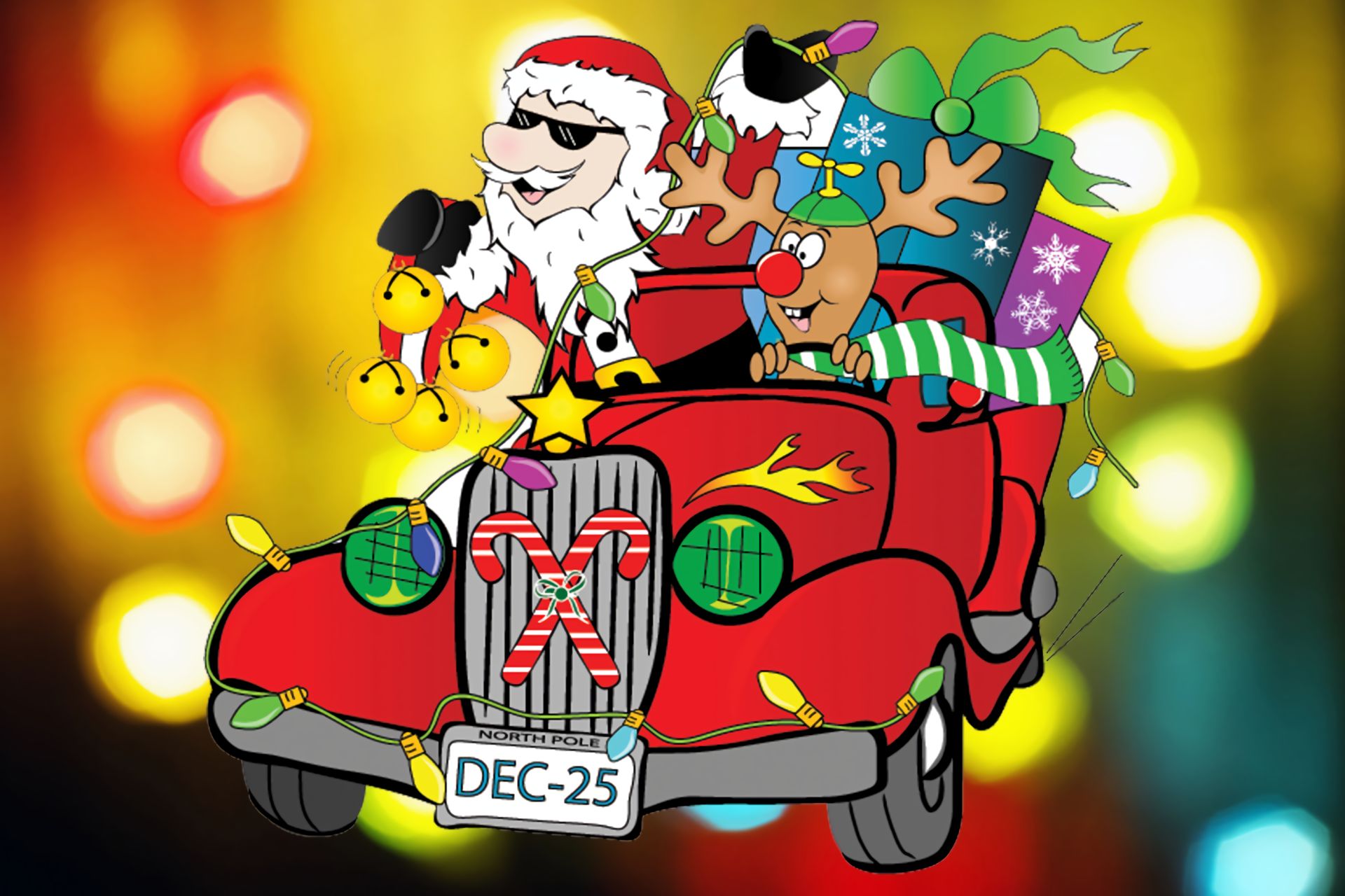 Free download wallpaper Santa Claus, Car, Christmas, Gift, Santa, Sunglasses, Humor, Ligths, Reindeer, Candy Cane on your PC desktop