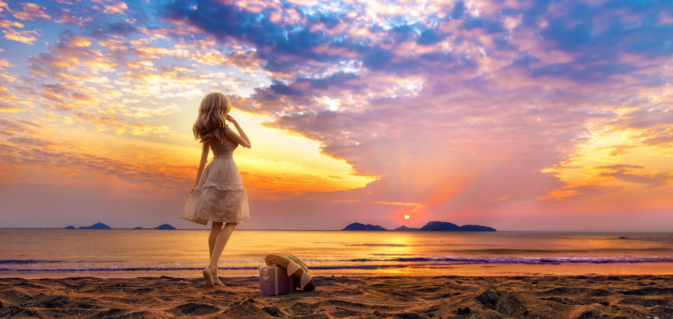 Download mobile wallpaper Sunset, Sky, Beach, Sand, Horizon, Ocean, Cloud, Doll, Man Made for free.