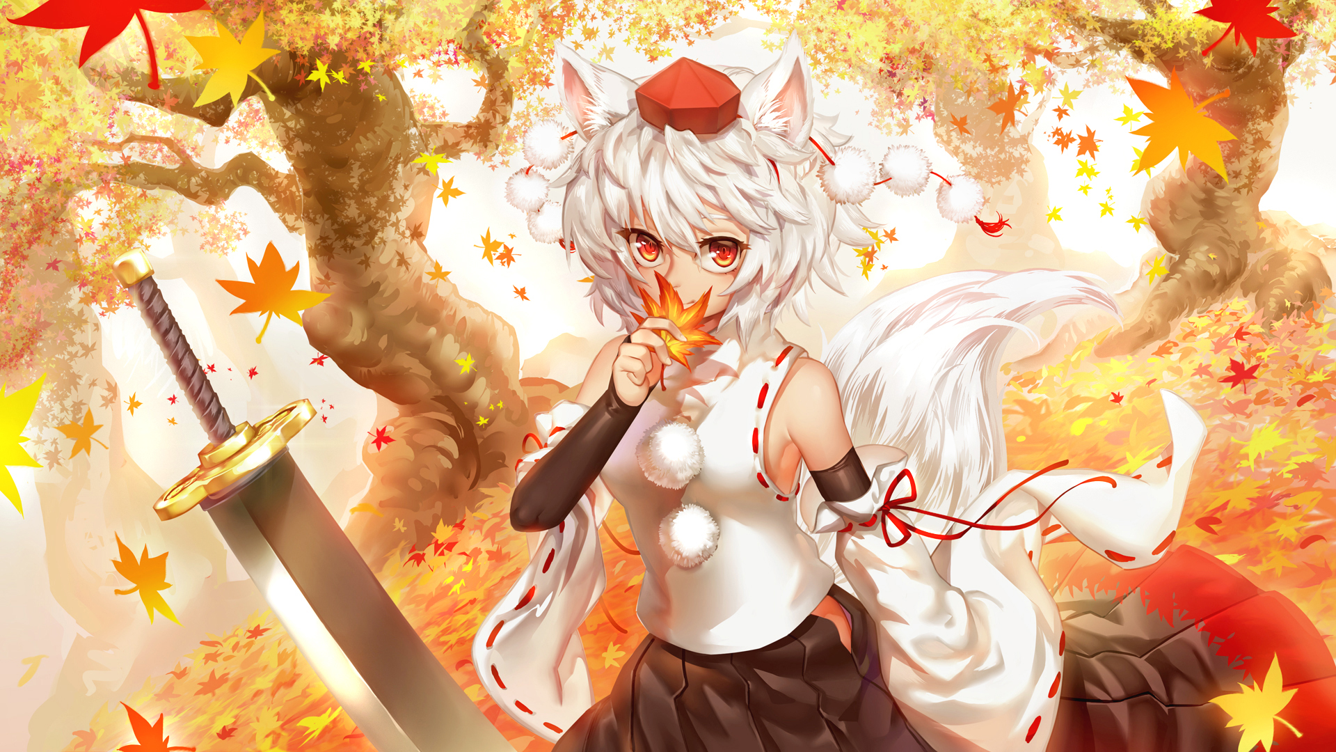 Download mobile wallpaper Anime, Tree, Leaf, Fall, Sword, Touhou, Momiji Inubashiri for free.