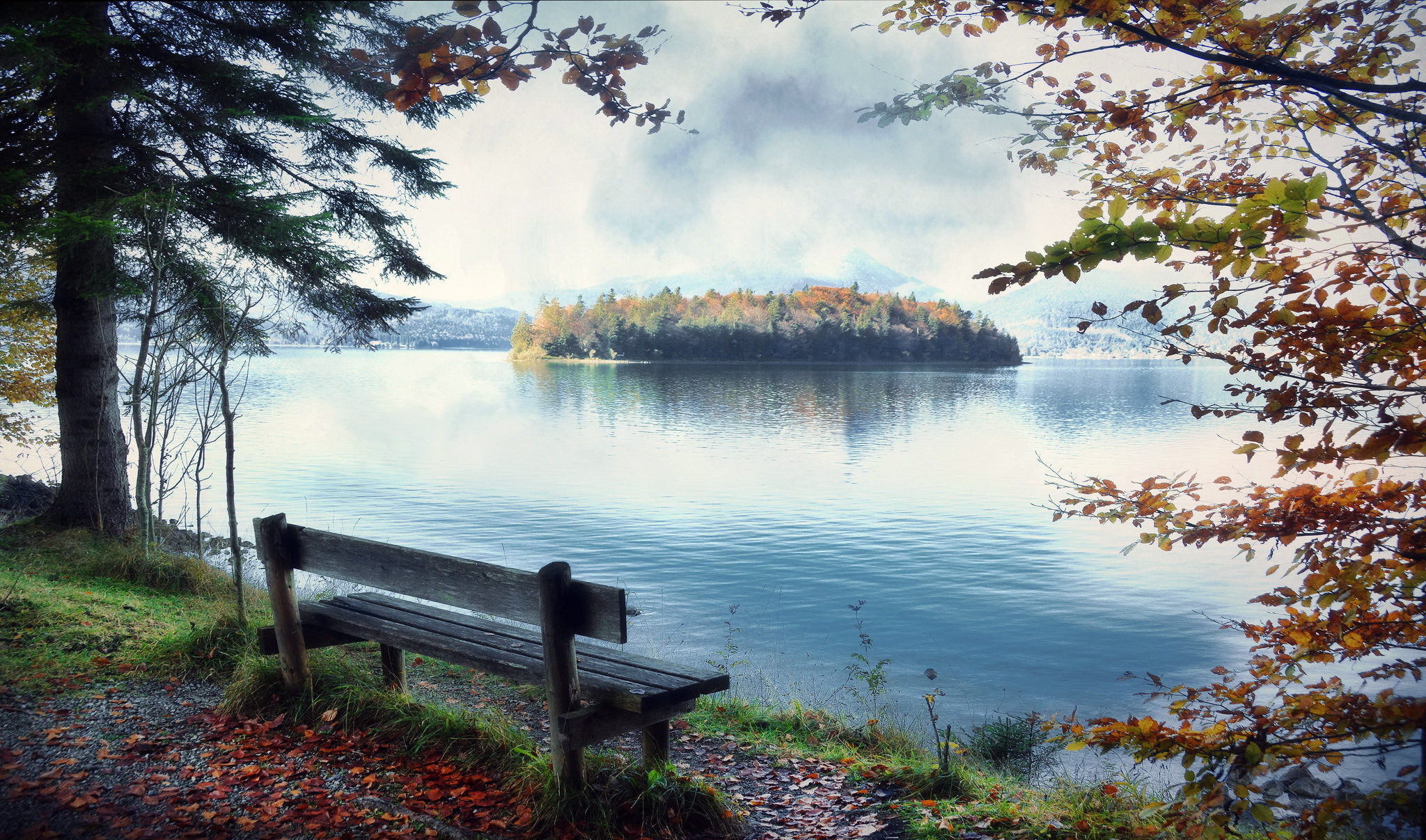 Free download wallpaper Nature, Lakes, Lake, Island, Bench, Photography on your PC desktop