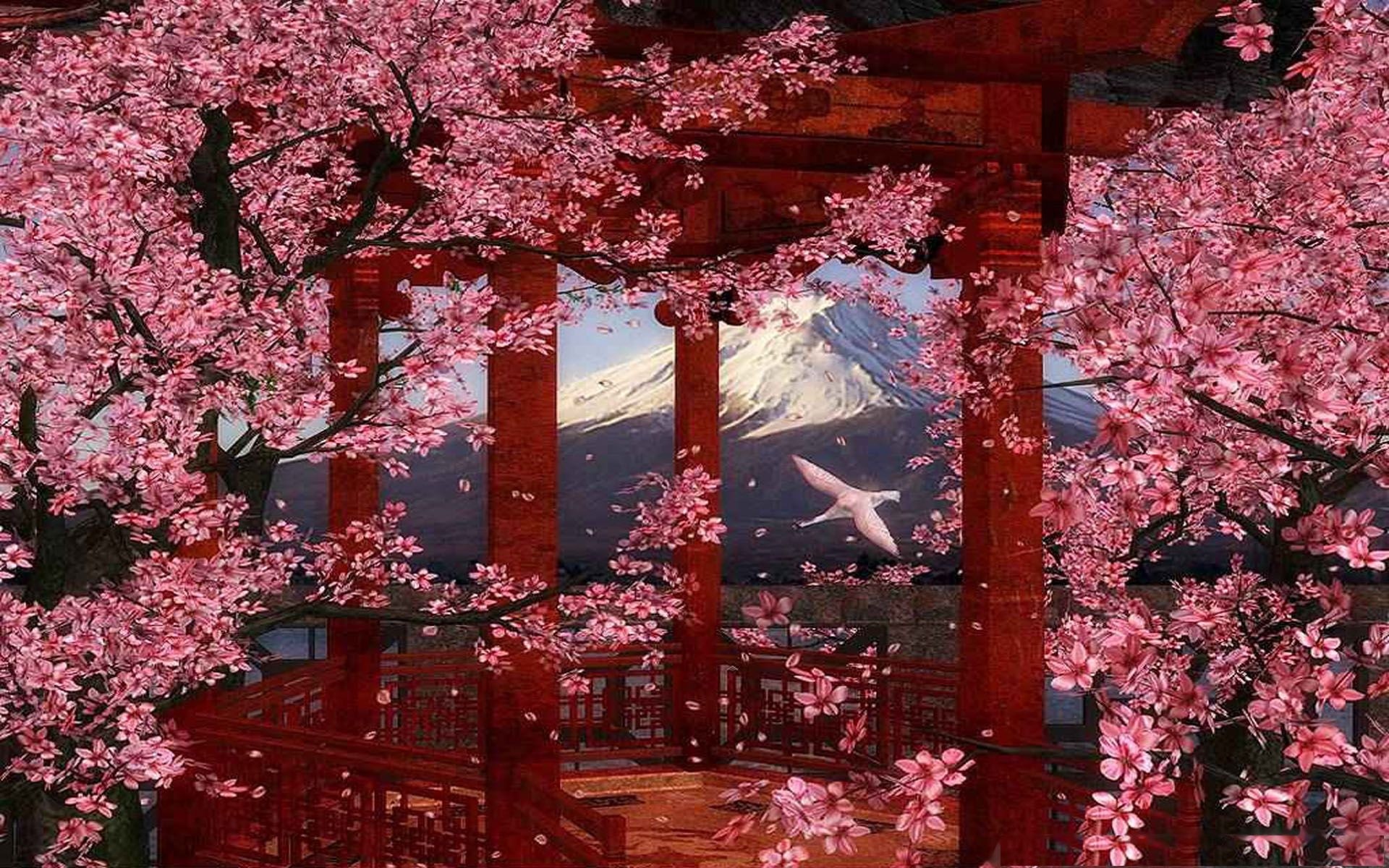 Free download wallpaper Pink, Sakura, Mountain, Bird, Spring, Artistic, Cherry Blossom, Mount Fuji on your PC desktop
