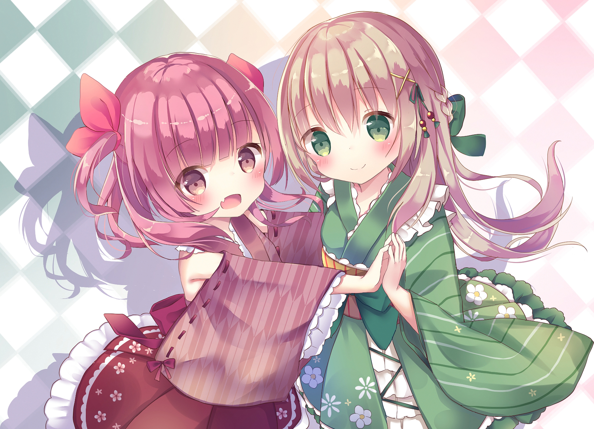 Free download wallpaper Anime, Ribbon, Green Eyes, Original, Pink Hair, Japanese Clothes on your PC desktop
