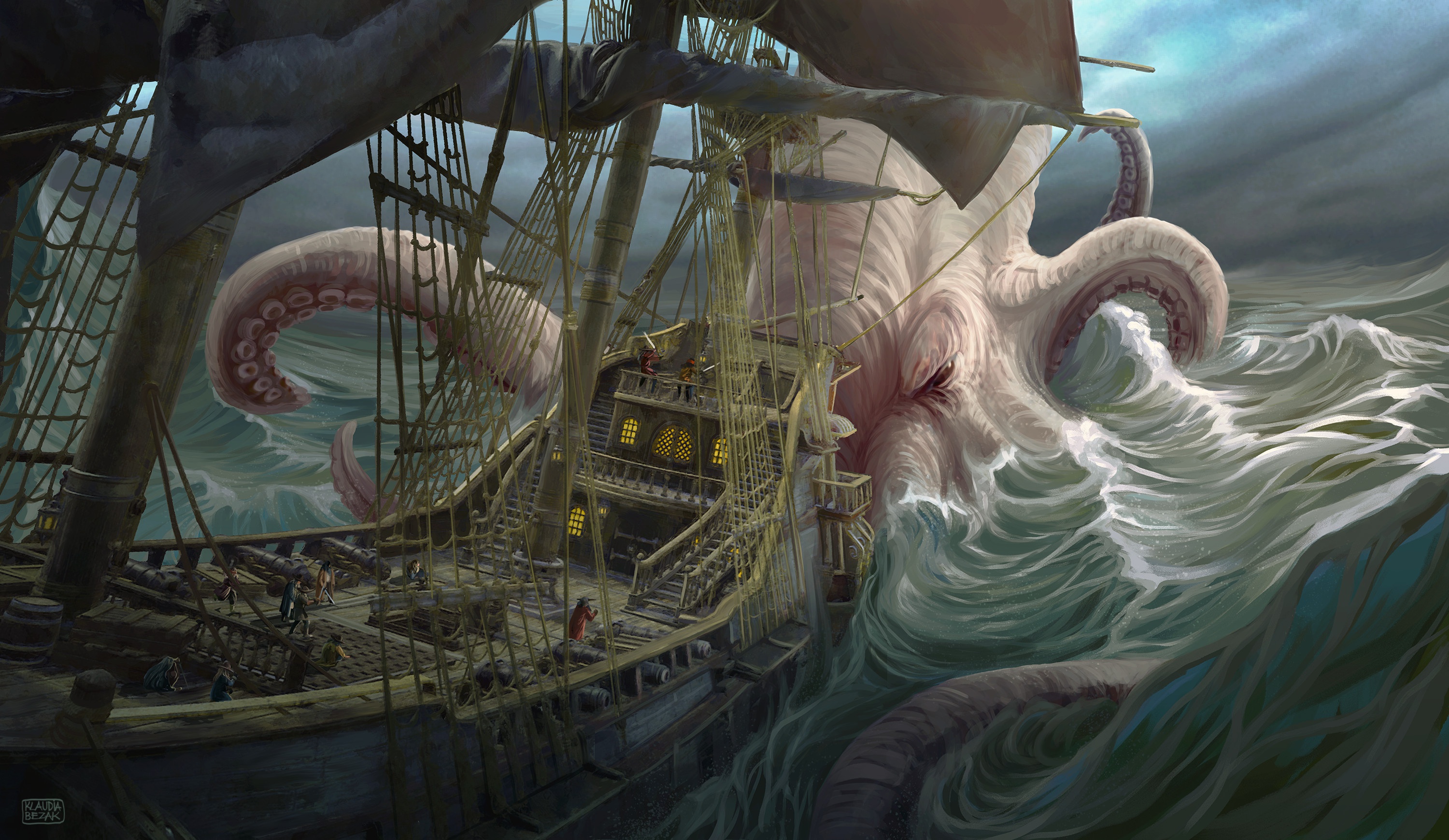 Free download wallpaper Fantasy, Ship, Sea Monster on your PC desktop