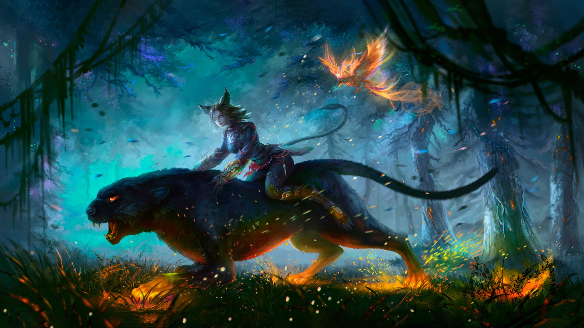 Download mobile wallpaper Fantasy, Forest, Phoenix, Panther, Women, Animal Ears for free.