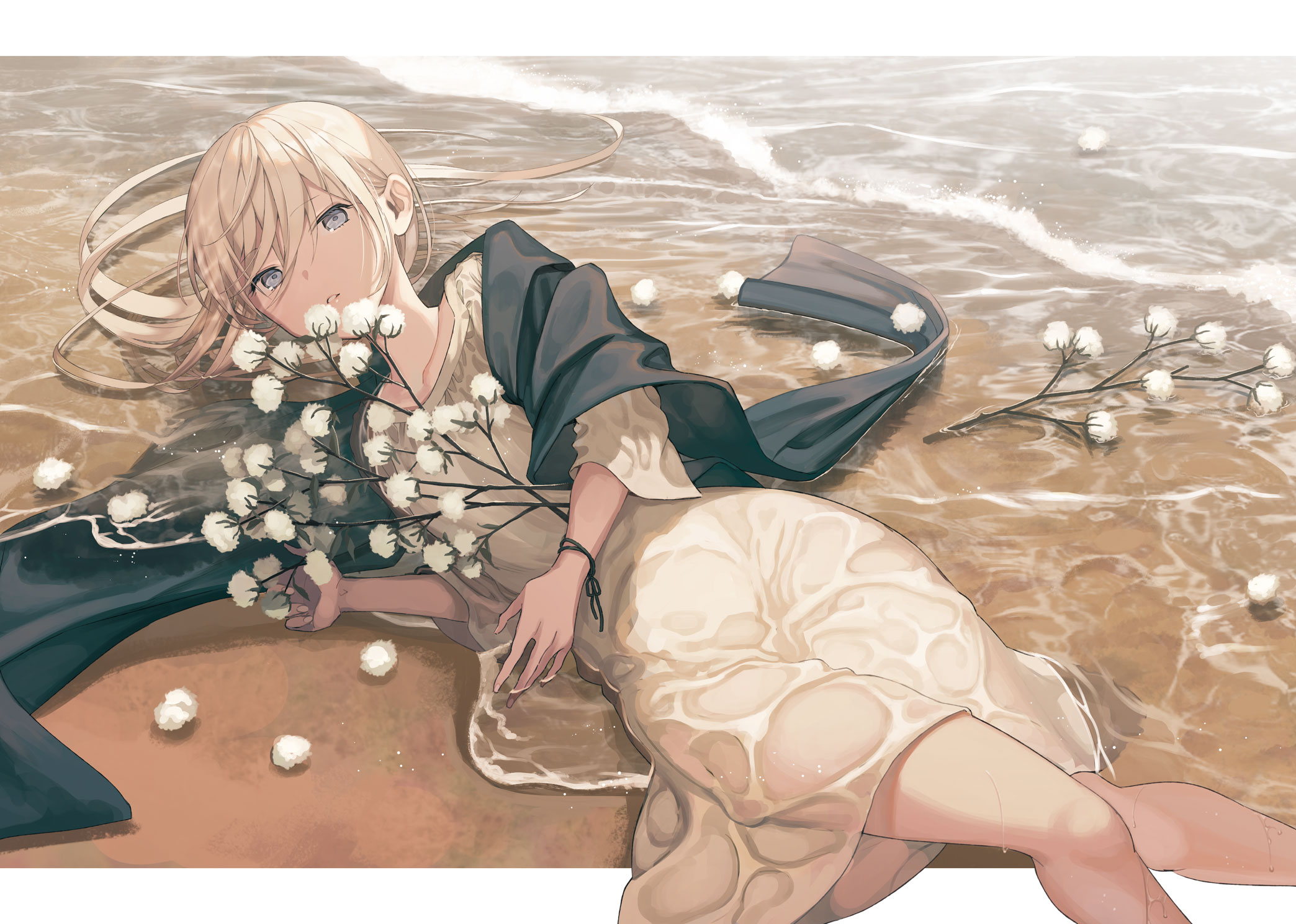 Download mobile wallpaper Anime, Beach, Flower, Blonde, Original for free.