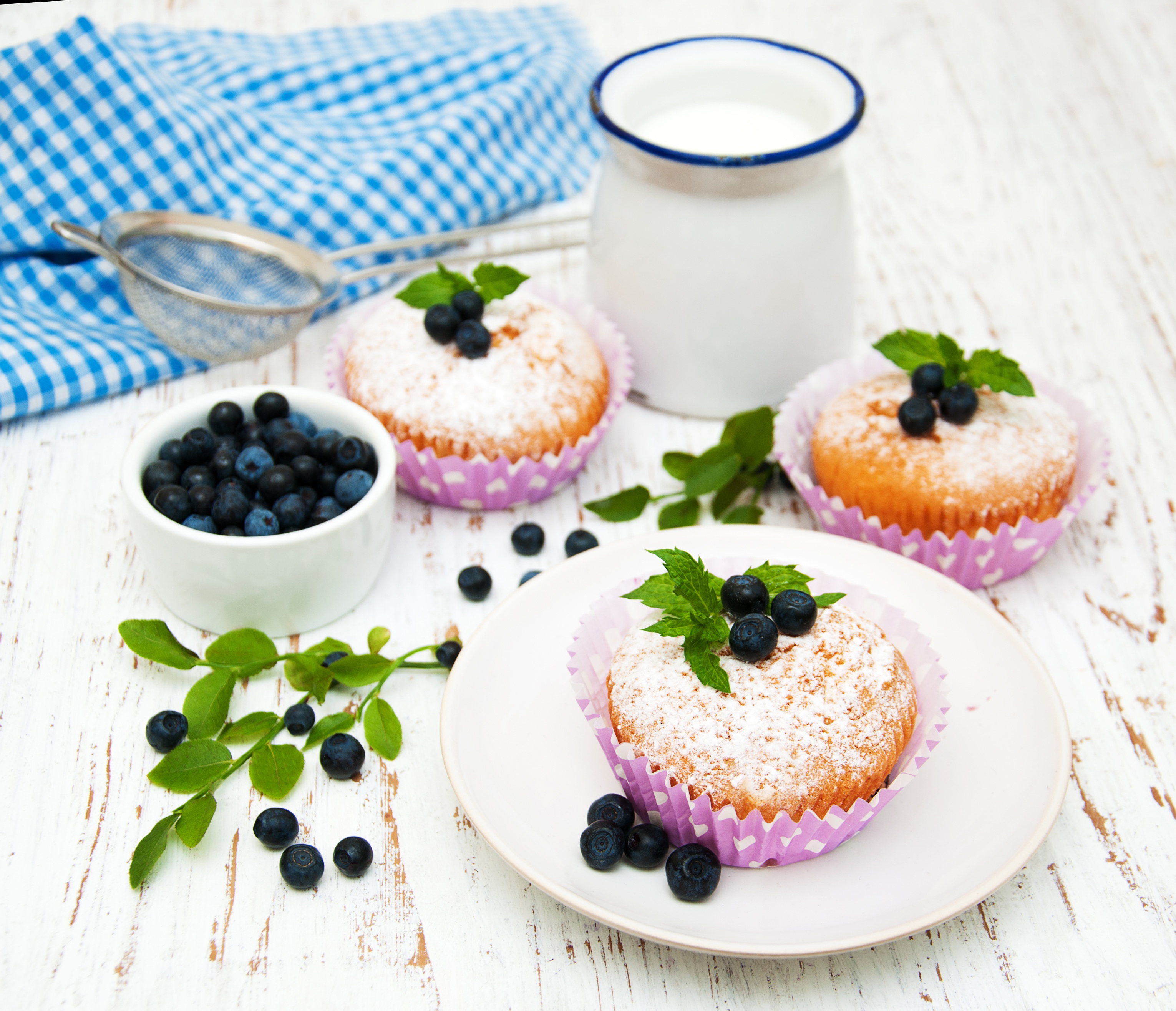 Download mobile wallpaper Food, Blueberry, Still Life, Berry, Fruit, Baking, Muffin, Milk for free.