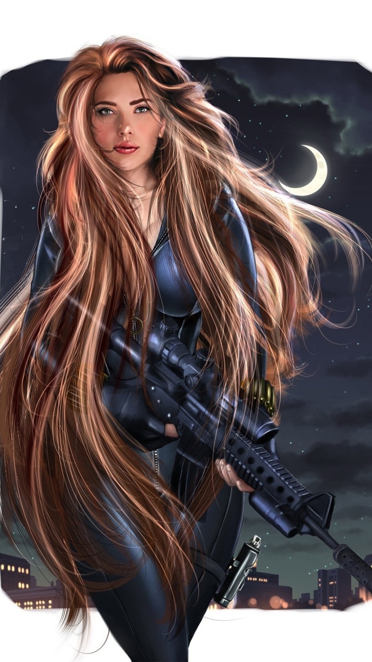 Download mobile wallpaper Weapon, Scarlett Johansson, Comics, Long Hair, Black Widow, Natasha Romanoff for free.