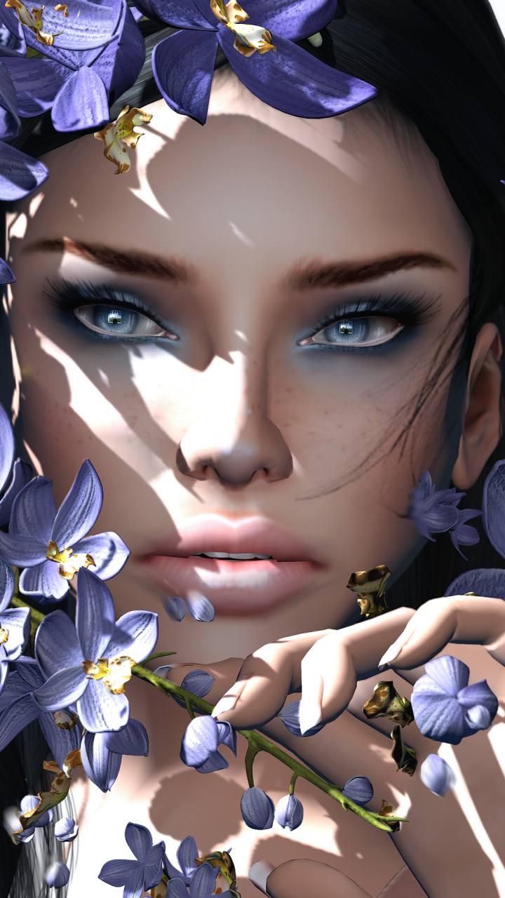 Download mobile wallpaper Fantasy, Flower, Brunette, Women, Blue Eyes for free.