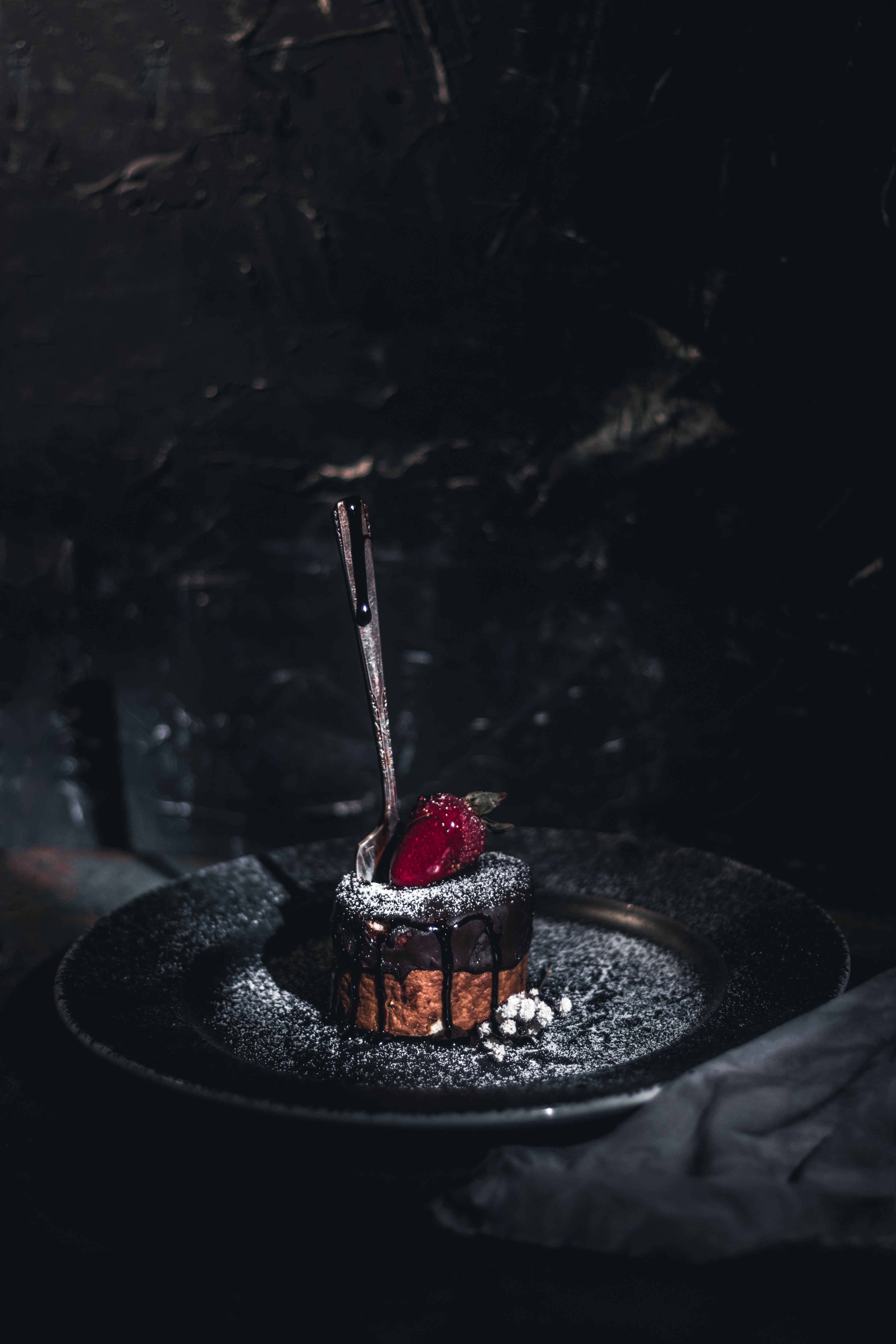 dark, cake, strawberry, desert, food, spoon