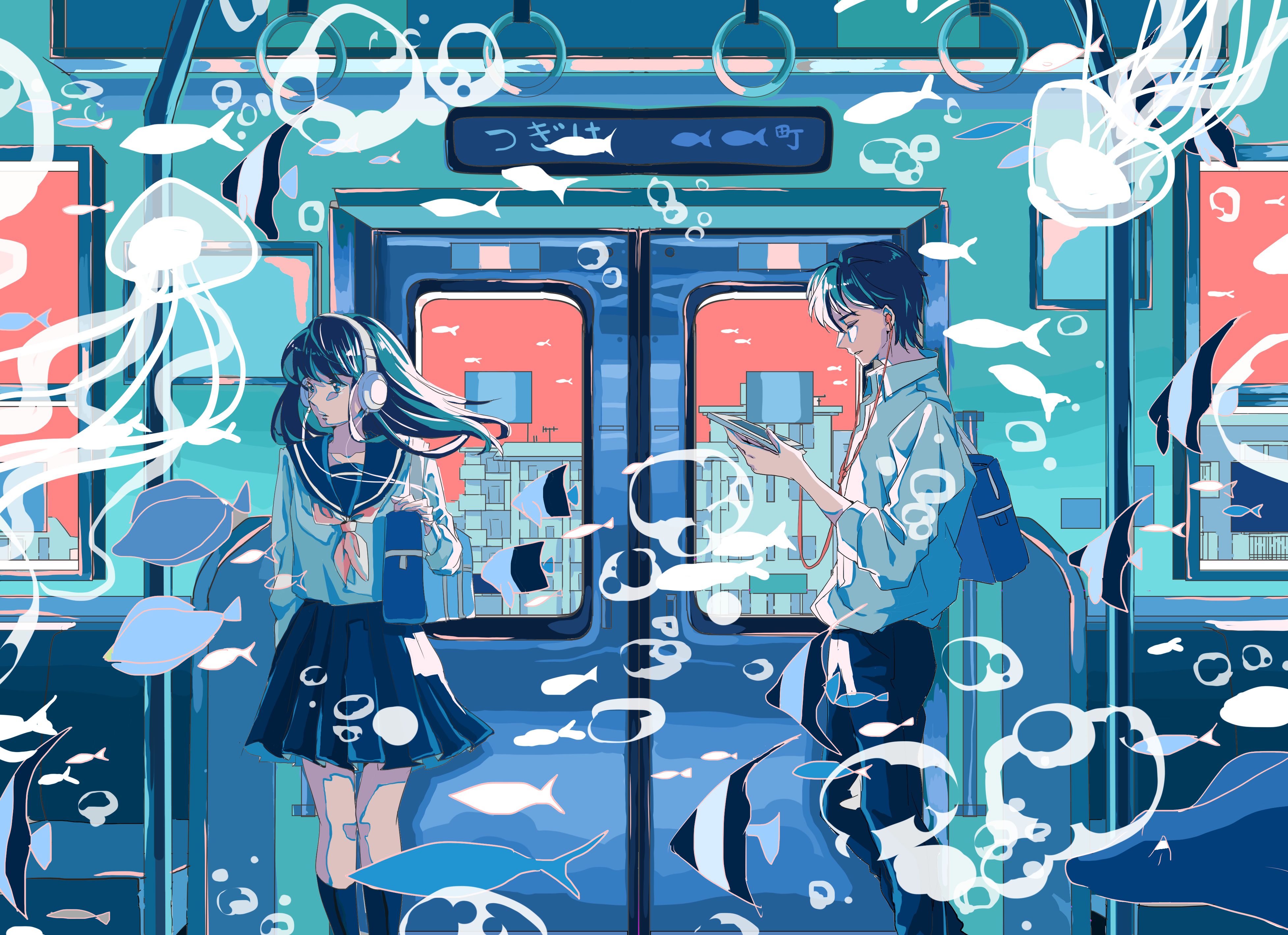 Download mobile wallpaper Anime, Fish, Train, Original for free.