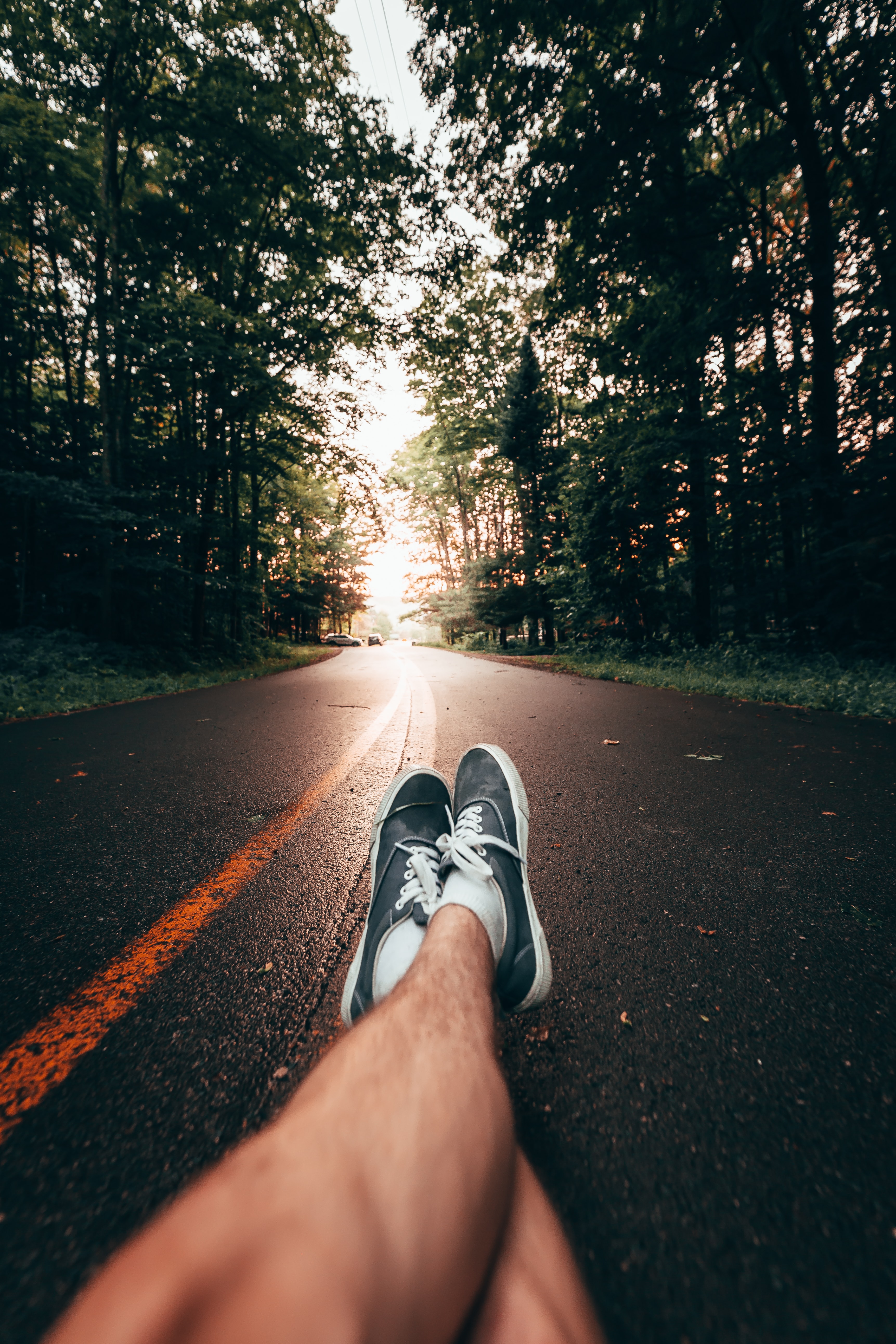 Download mobile wallpaper Road, Miscellanea, Miscellaneous, Markup, Legs, Sneakers, Trees, Shoes for free.