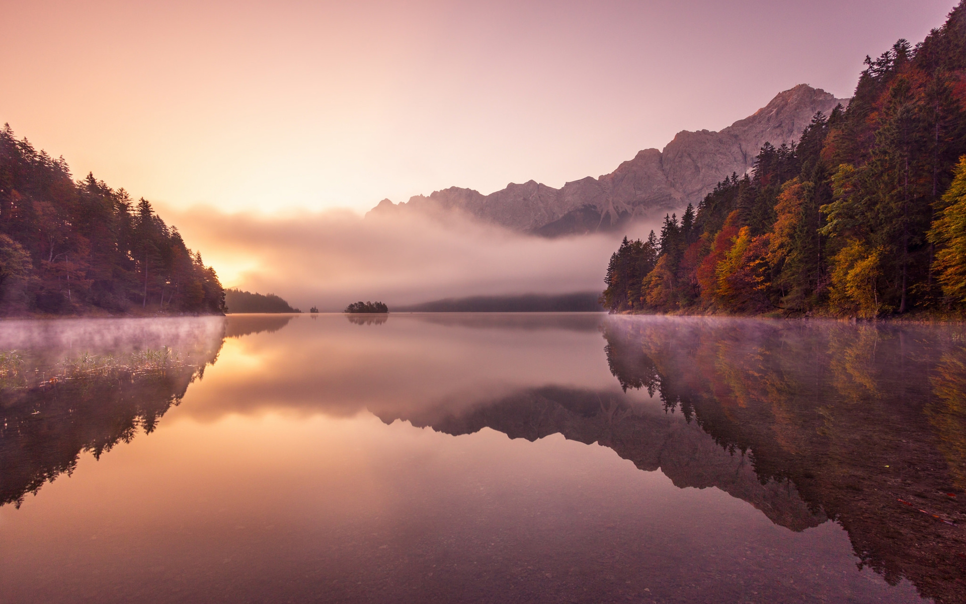 Free download wallpaper Water, Mountain, Lake, Reflection, Forest, Fog, Sunrise, Earth on your PC desktop