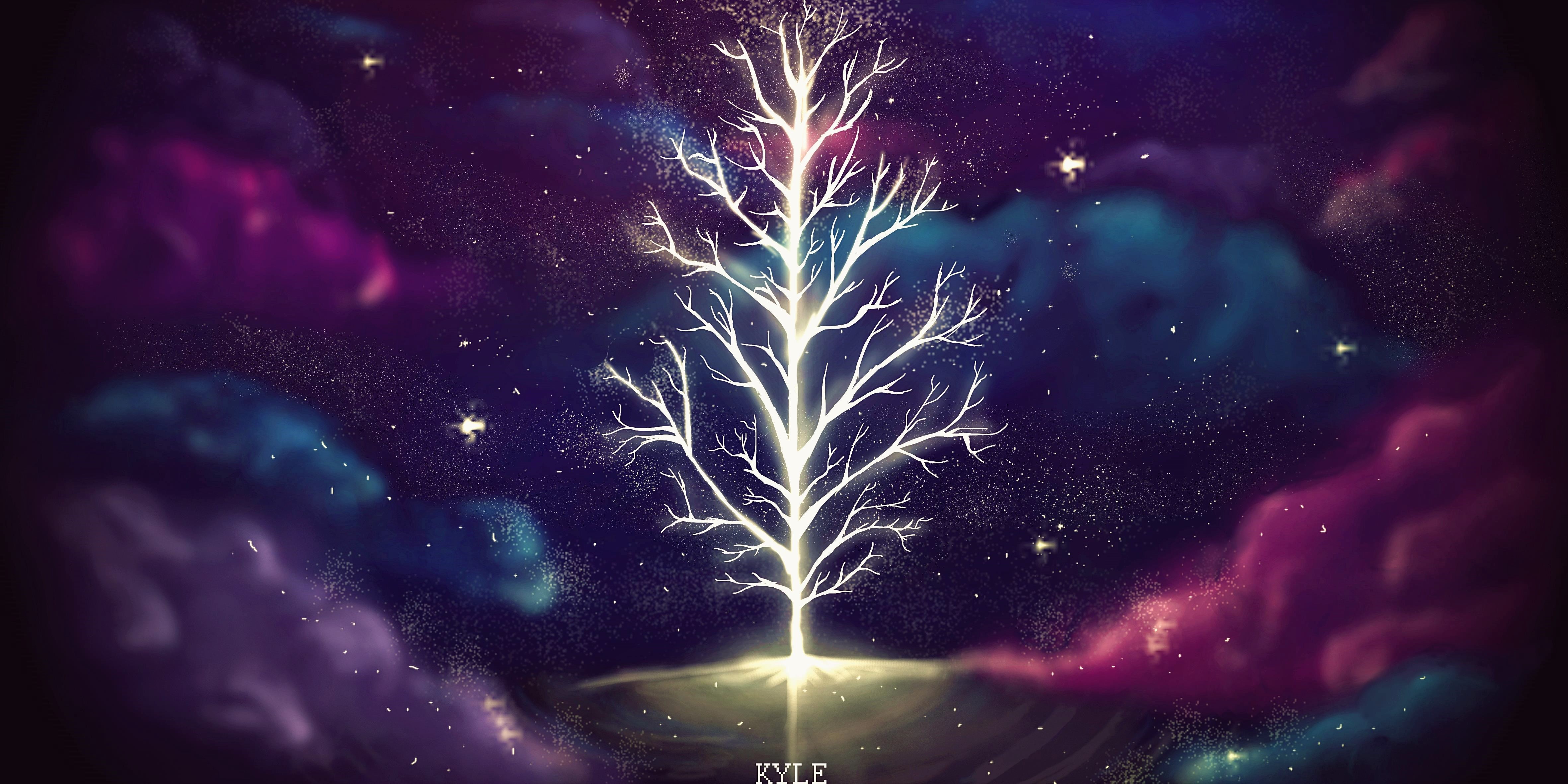Скачать обои бесплатно Космос, Ночь, Облака, Дерево, Пурпурный, Художественные, Светиться картинка на рабочий стол ПК