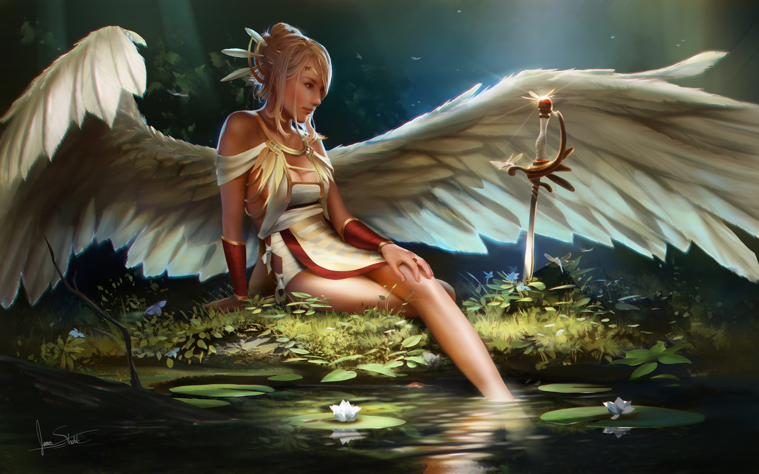 PCデスクトップにファンタジー, 天使, 翼, 池, 剣画像を無料でダウンロード
