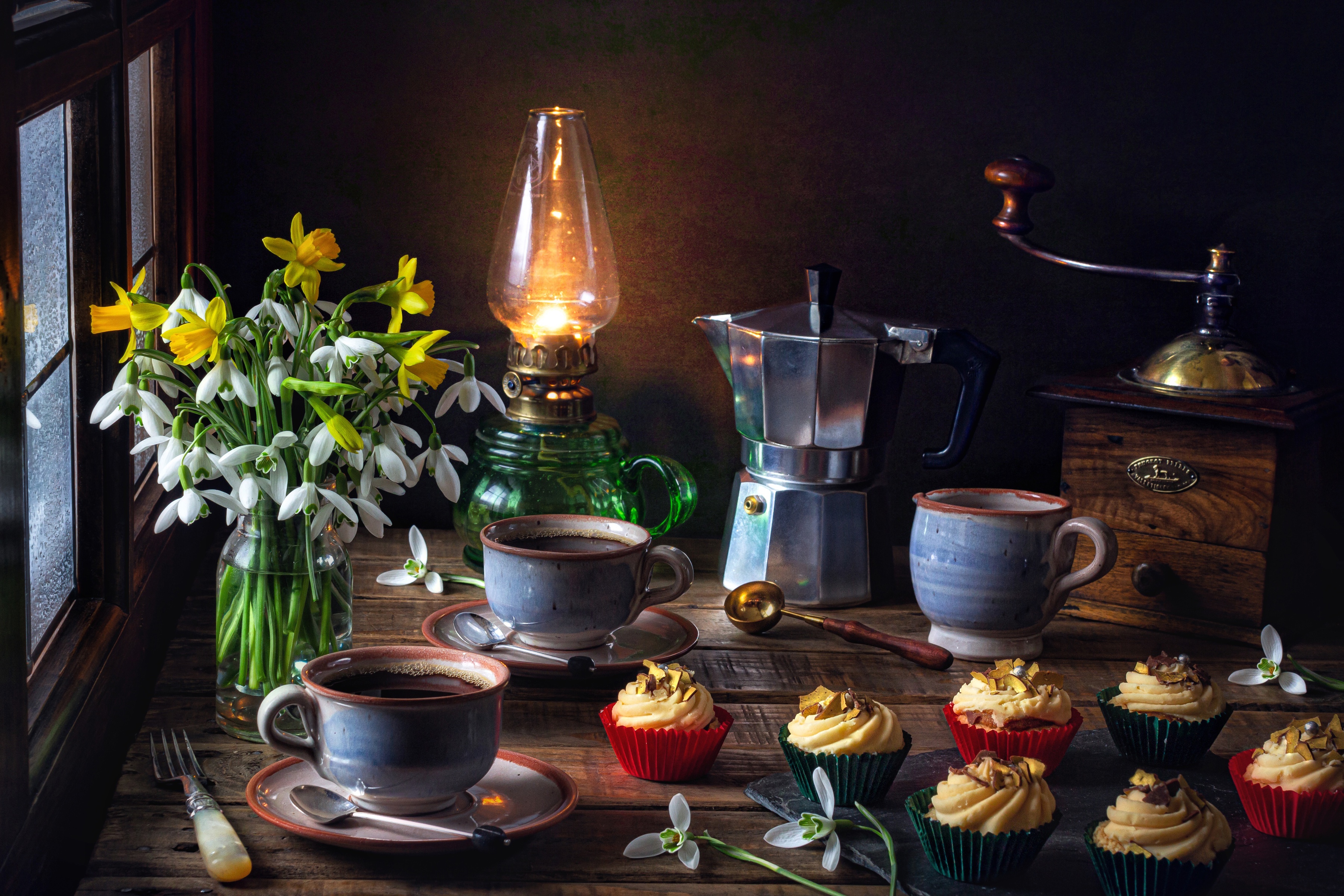 Download mobile wallpaper Coffee, Still Life, Flower, Cup, Drink, Photography, Cupcake, Snowdrop, Oil Lamp for free.
