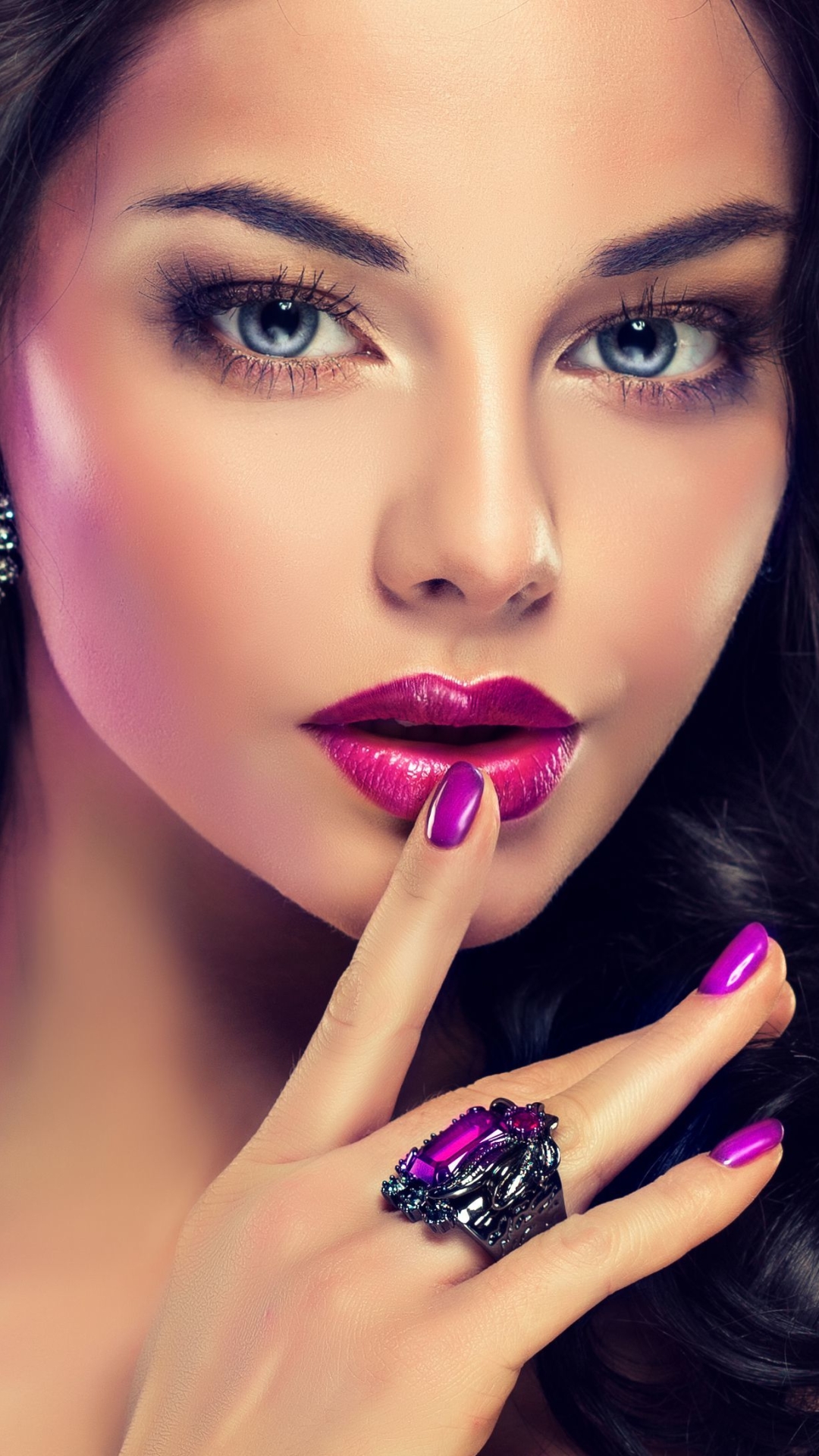 Download mobile wallpaper Face, Brunette, Model, Women, Earrings, Blue Eyes, Lipstick for free.