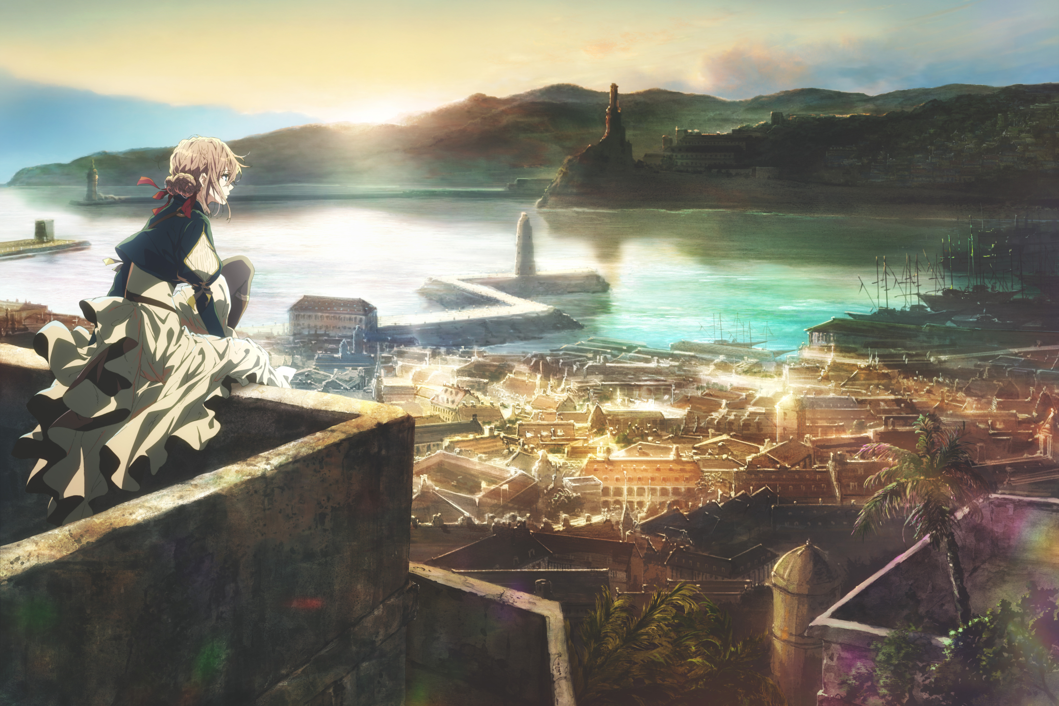 Laden Sie das Stadt, See, Kleid, Animes, Großstadt, Violet Evergarden (Charakter), Violet Evergarden-Bild kostenlos auf Ihren PC-Desktop herunter