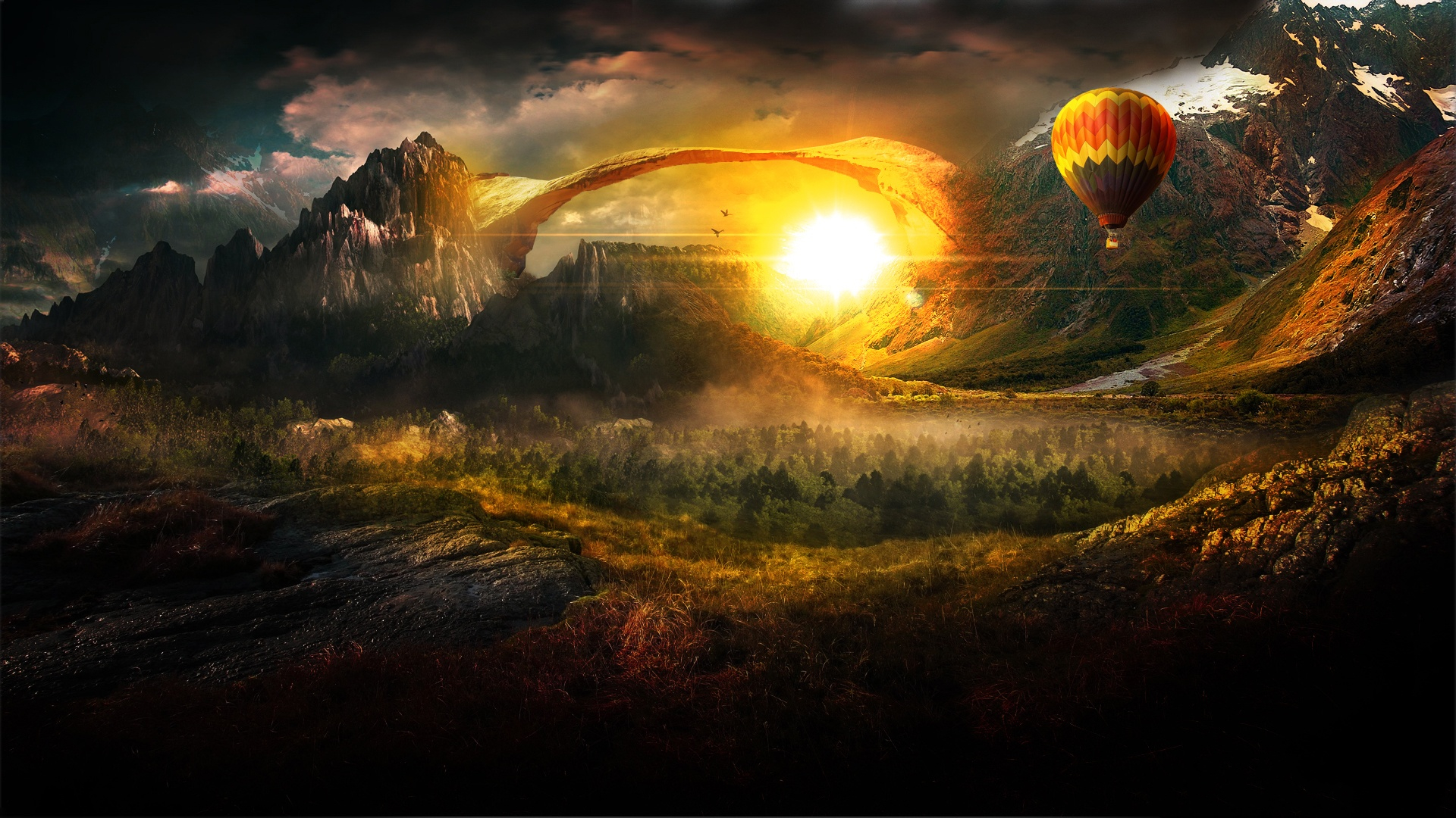 Laden Sie das Landschaft, Fantasie, Wald, Feld, Gebirge, Heißluftballon-Bild kostenlos auf Ihren PC-Desktop herunter